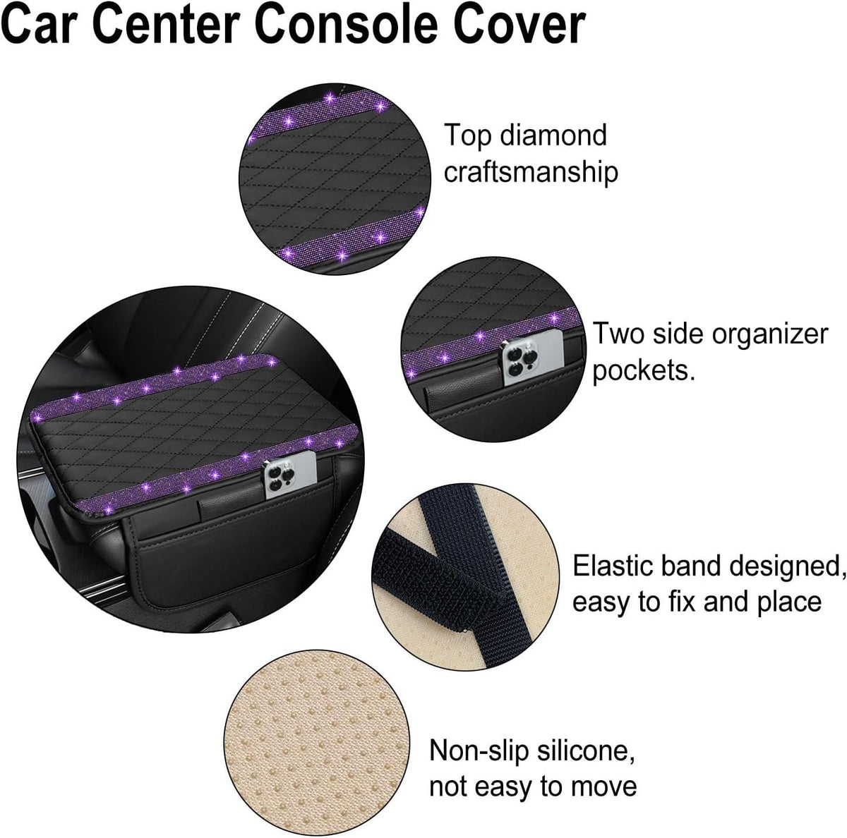 NBTEPEM Bling Car Center Console Cover, Leather Car Arm Rest Cover Cushion with 2 Storage Bags, Middle Console Cover Universal Armrest Protector Pads, Bling Accessories for Most Vehicles (Purple)
