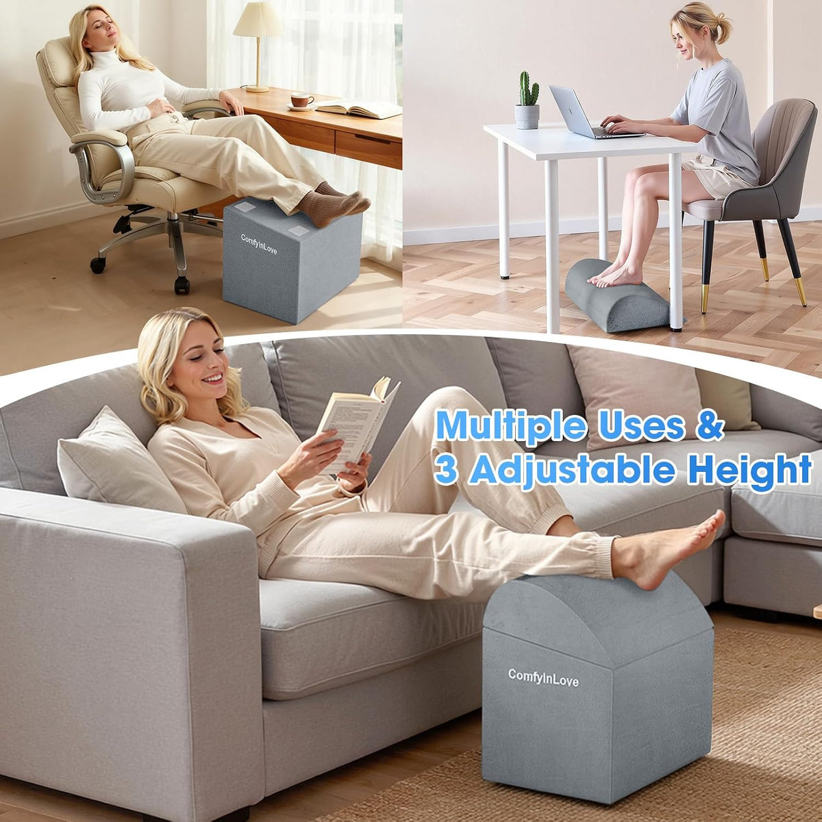 Foot Rest for Under Desk with 3 Heights, Foot Stool, Light Grey