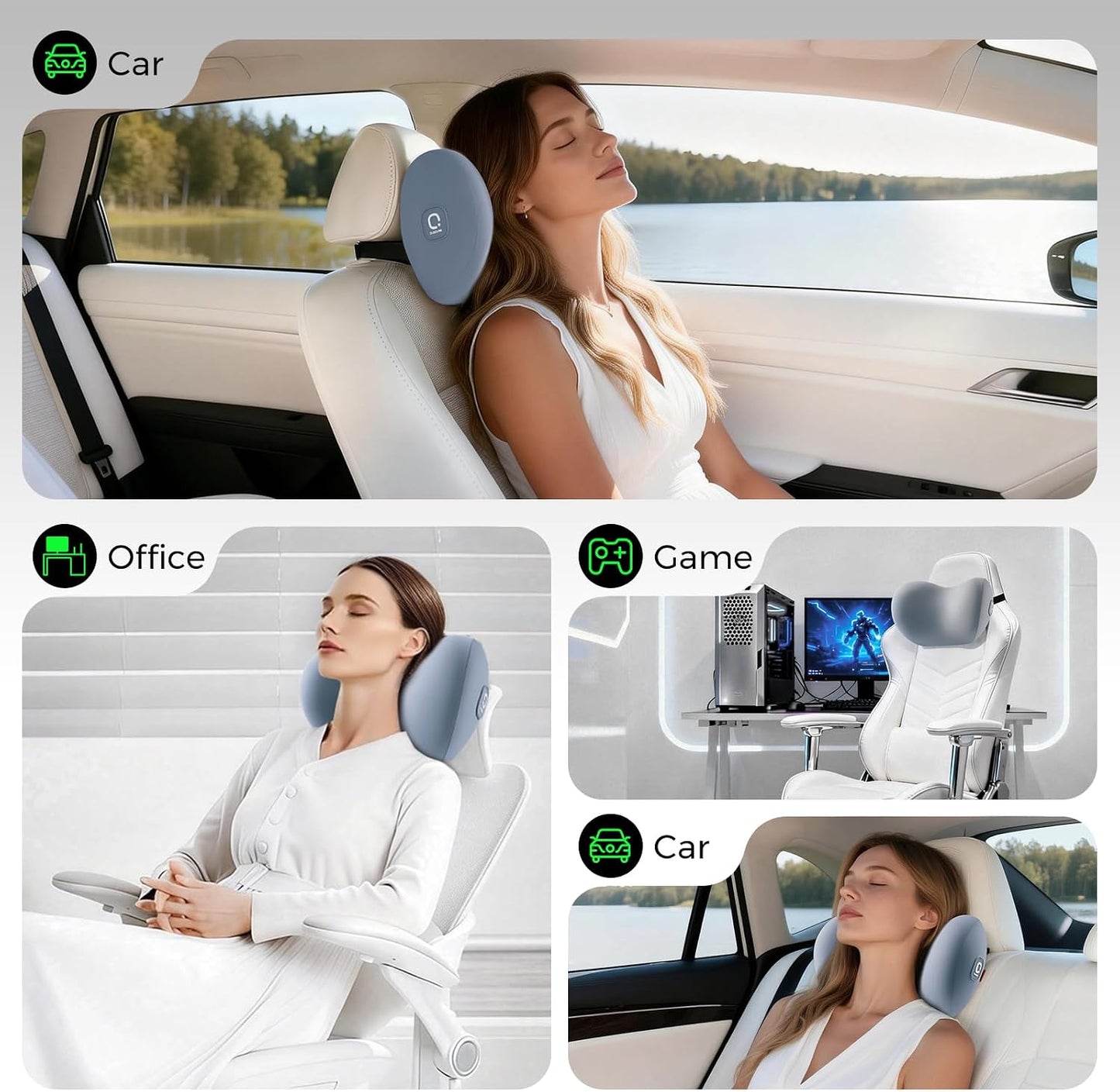 BEBAS Memory Foam Car Headrest Pillow - Breathable Neck Support Pillow for Driving, Universal Fit Cars/SUVs/Tesla/Toyota & Office Chair, Removable Cover (Blue, 4-Season)
