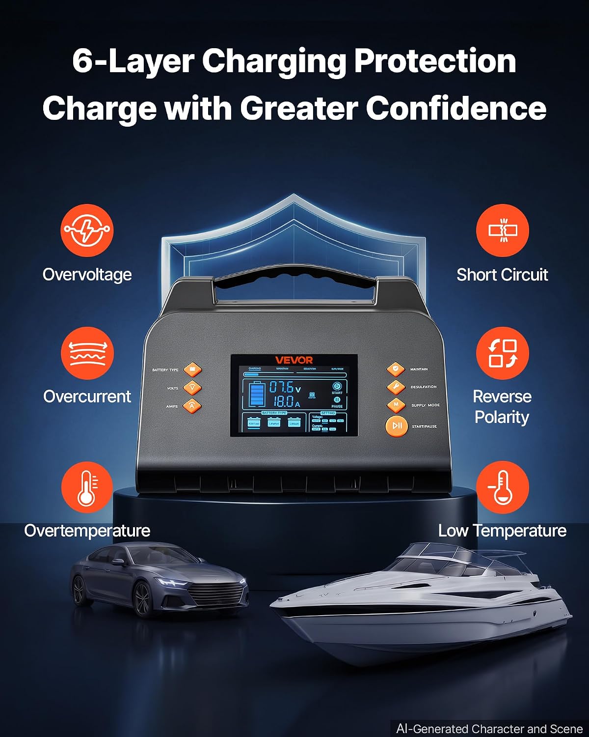 VEVOR Smart Battery Charger 25A 6V 12V 24V for Lithium LiFePO4 Lead-Acid
