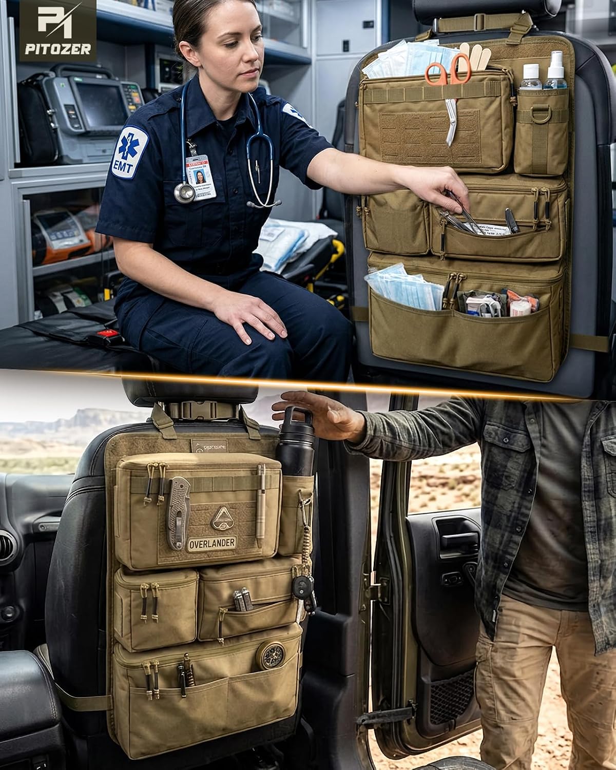 All in One Car Seat Back Organizer Fit Most Cars SUV Trucks Jeeps | Heavy Duty Molle Panel Seat Back Protector with Multi-Pockets Storage, for Tools, Toys, Camping, Travel, Daily Commuting
