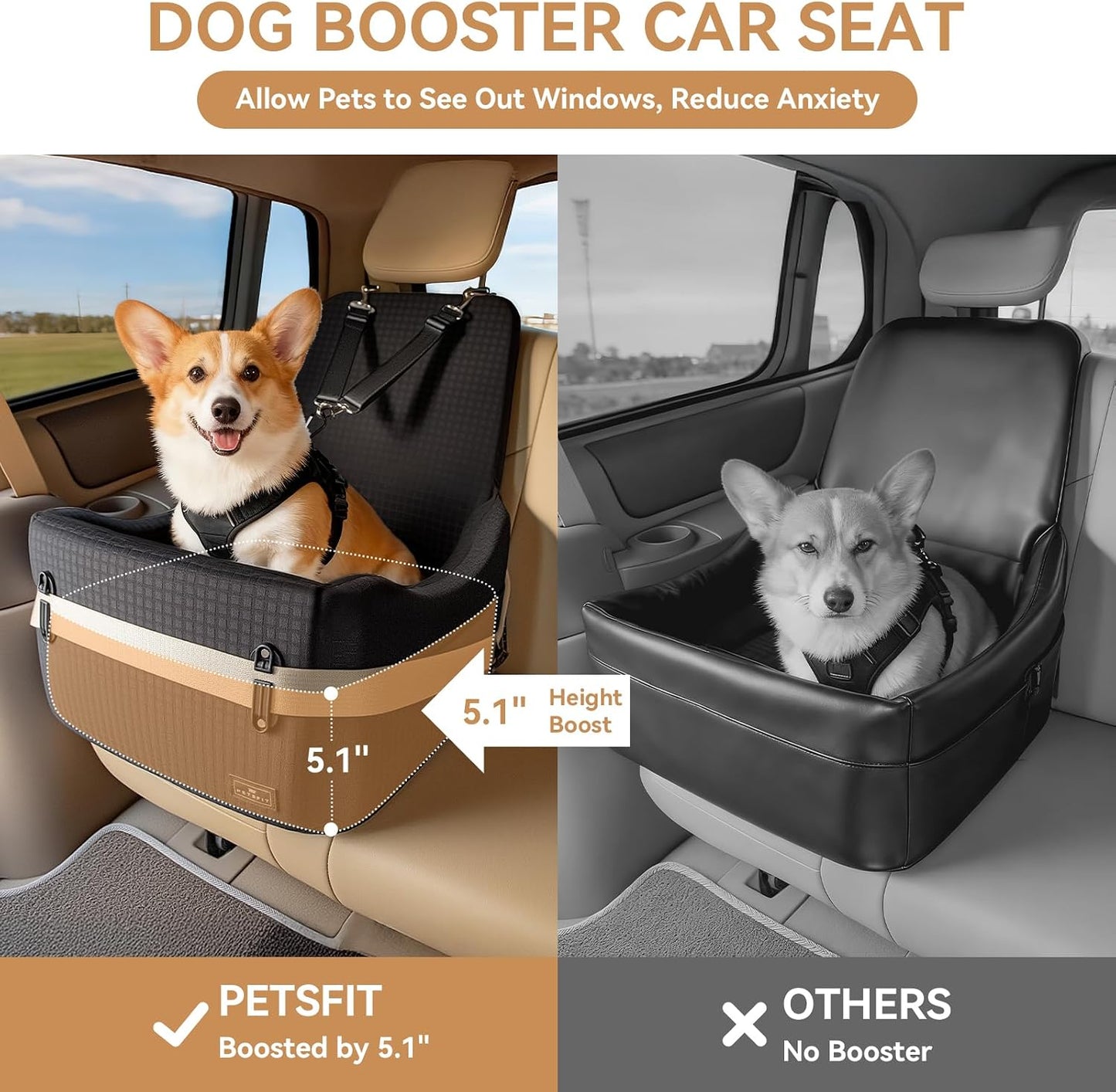 PETSFIT Dog Booster Car Seat for Small/Medium Dogs Up to 35 lbs – Patented Safety System, 5" Memory Foam Pet Car Seat, Fully Detachable and Washable Cover, Front/Back Seat Travel Booster (Black)