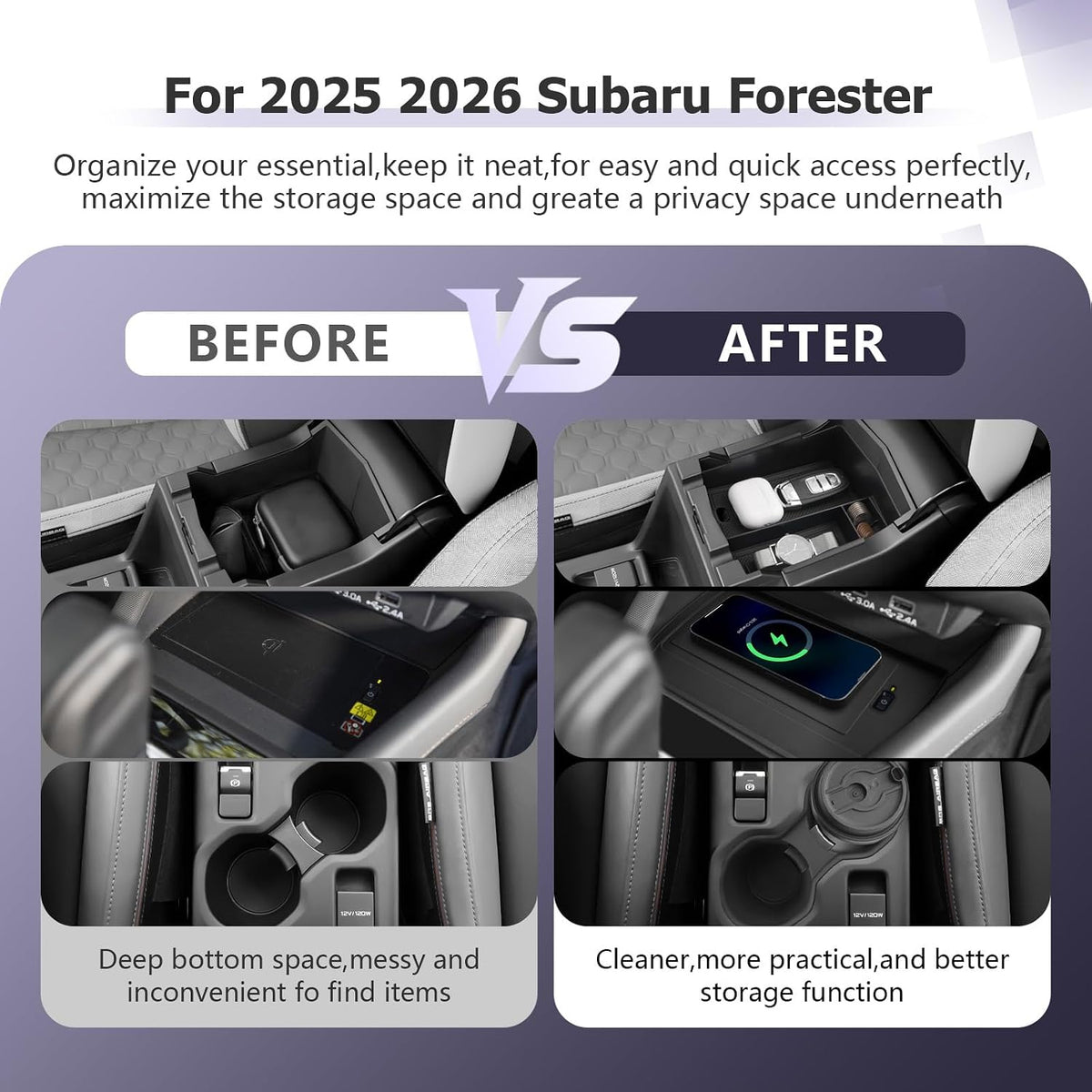 LUWU for 2025 Subaru Forester Accessories for 2025 Forester Wireless Charging Mat - Center Console Cup Holder - Armrest Console Storage Box 3-Pack (Not for 2026 Touring/Wilderness/Premium)