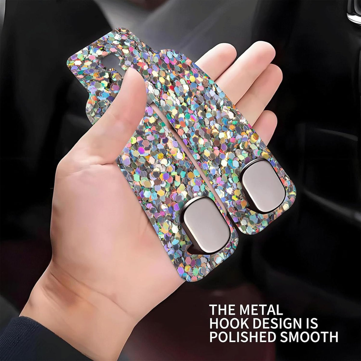 Car Seat Headrest Hook, Universal Leather Cute Hanger Holder Hook, Storage Organizer Interior Accessories for Purse Bags Handbag Glitter Colorful Pattern