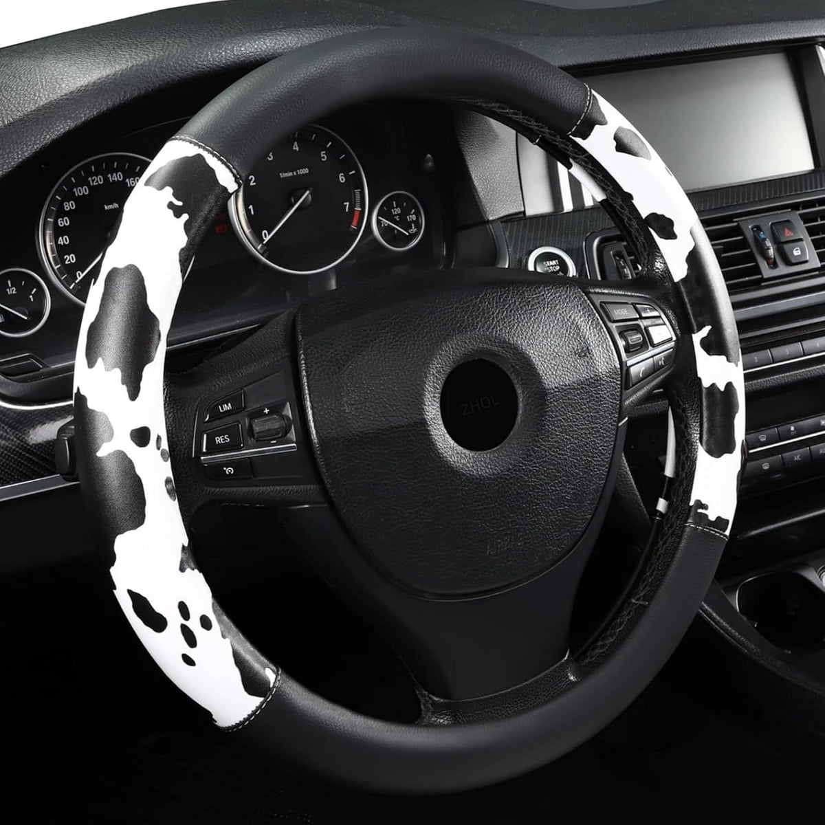 Cow Print Steering Wheel Cover,14.5-15",Microfiber Leather,Anti-Slip,Women
