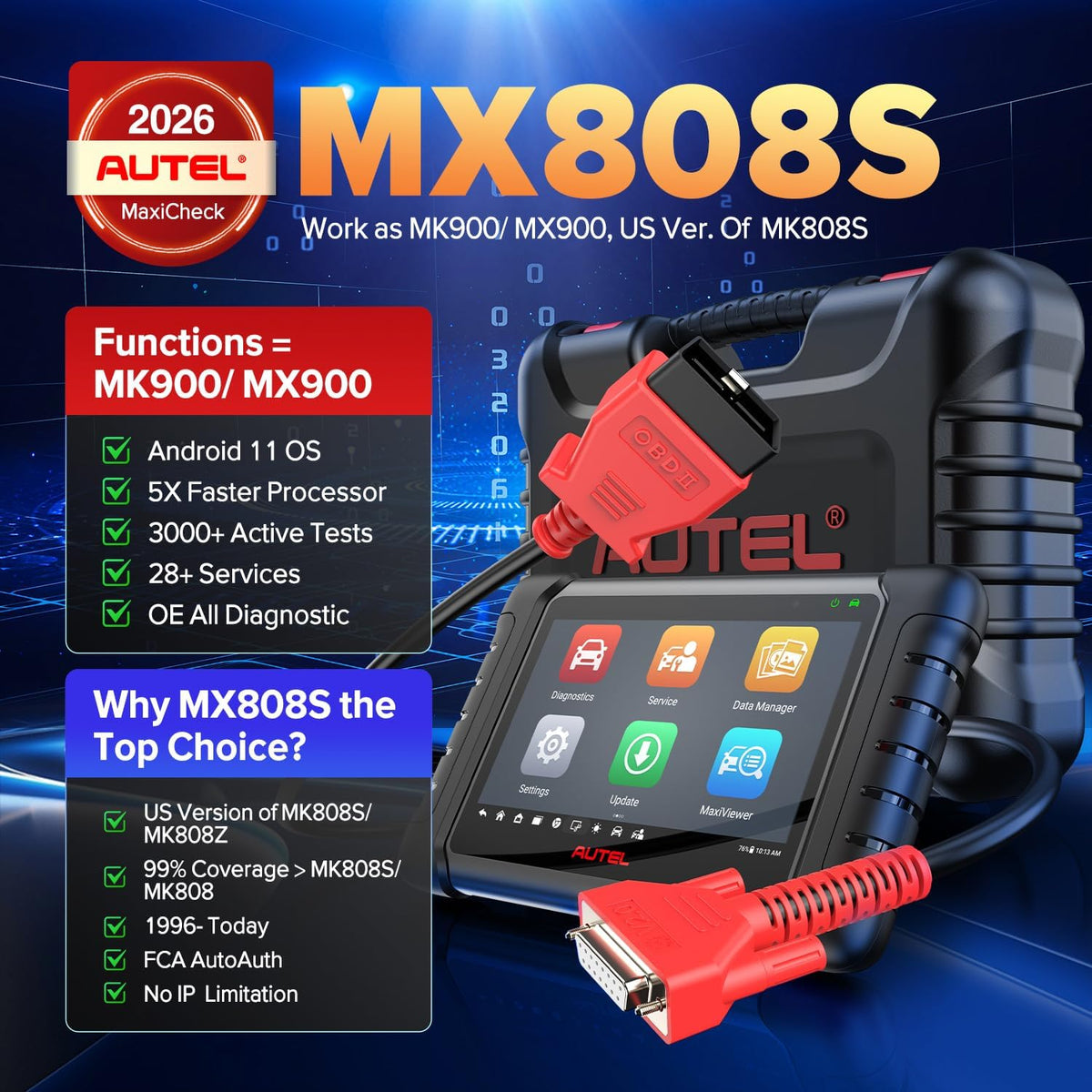 Autel Scanner MaxiCheck MX808S, 2026 Bidirectional OBD2 Scan Tool US Ver. of MaxiCOM MK808S MK808Z, 3000+ Active Test 11OS as MK900 MK900BT MX900, 28+ Service for 200+ Brands, OE All Diagnostic, FCA