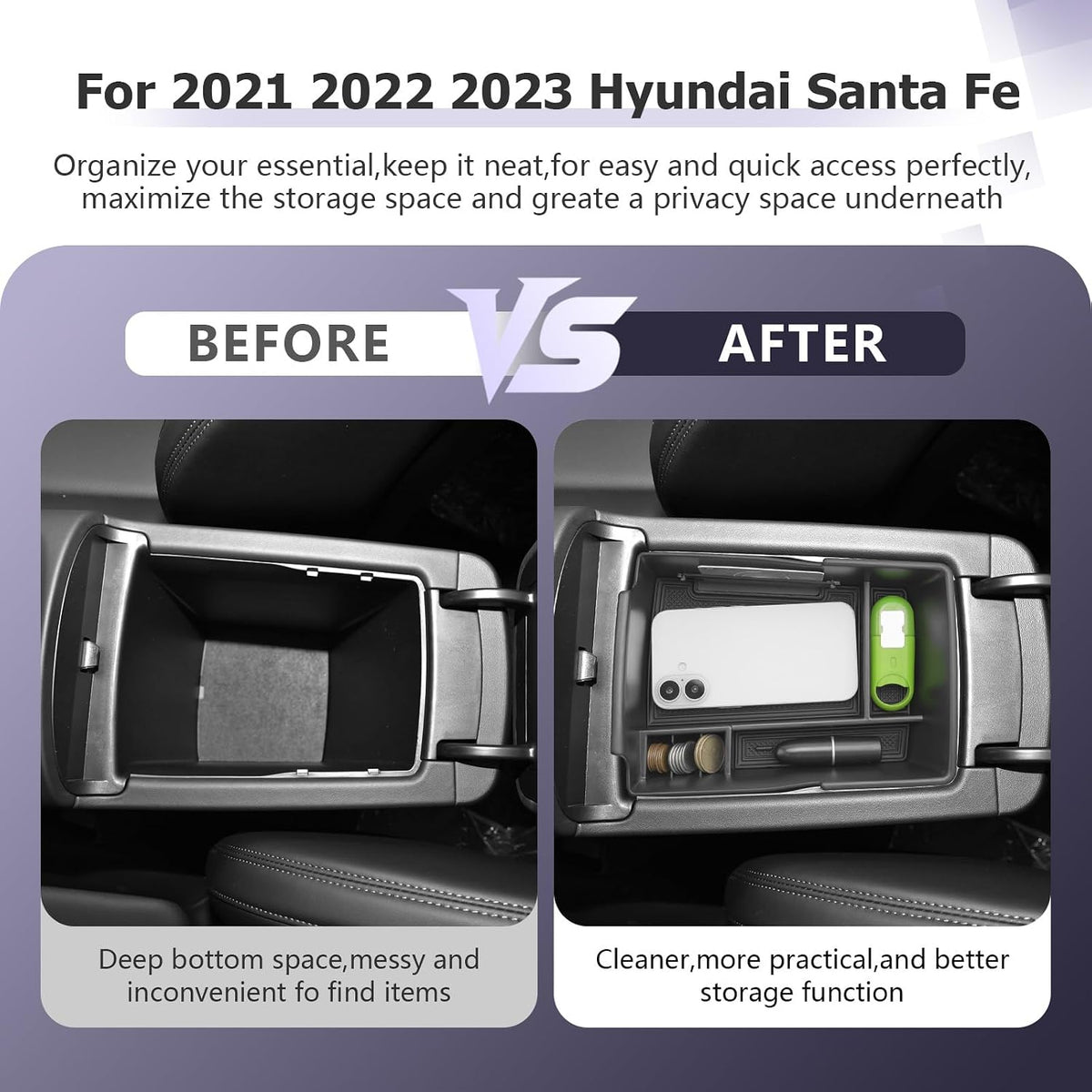 LUWU Center Console Organizer for 2021 2022 2023 Hyundai Santa Fe SE/SEL/XRT/Limited/Calligraphy Accessories Armrest Console Tray Storage Box ABS Material 2022 2023 Santa Fe Accessories Black
