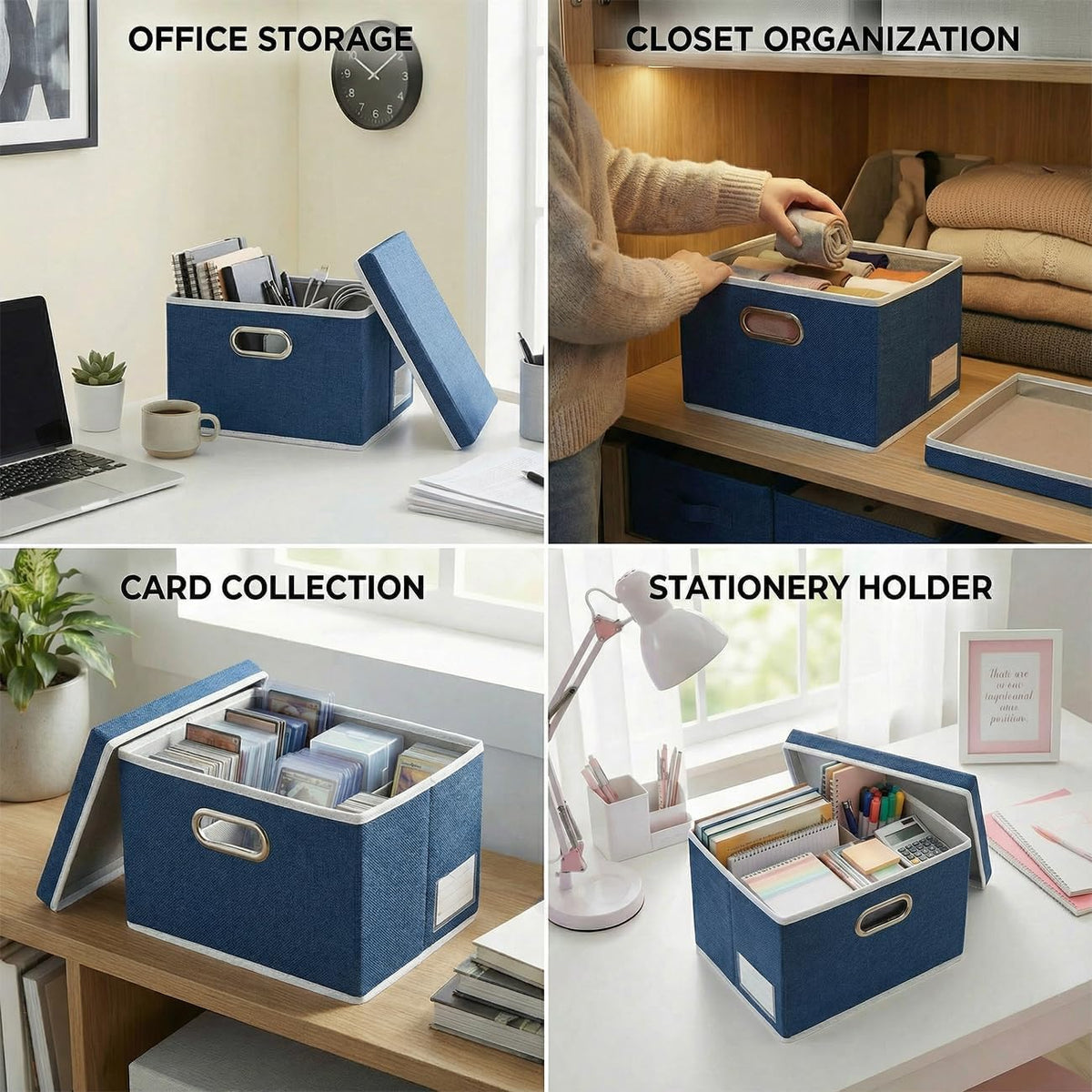 PRANDOM Storage Bins with Lids [3-Pack] Linen Fabric Foldable Storage Boxes Organizer Containers Baskets Cube with Cover for Bedroom Closet Office Royal Blue（11.4X8.6X6.7