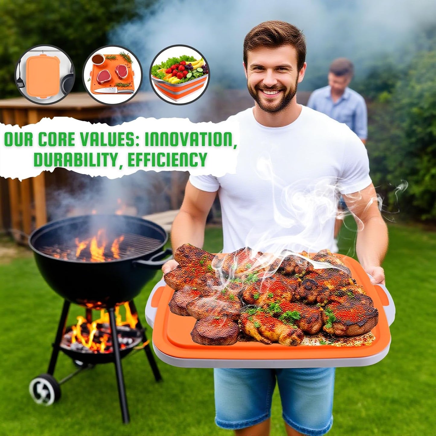 Collapsible BBQ Prep Tub with Lid & Cutting Board 16L - XL Meat Marinating Basin & Grill Carry System - 5pc Set with Heat Resistant Gloves, Basting Brush & Spatula(Orange, Large, 16L)