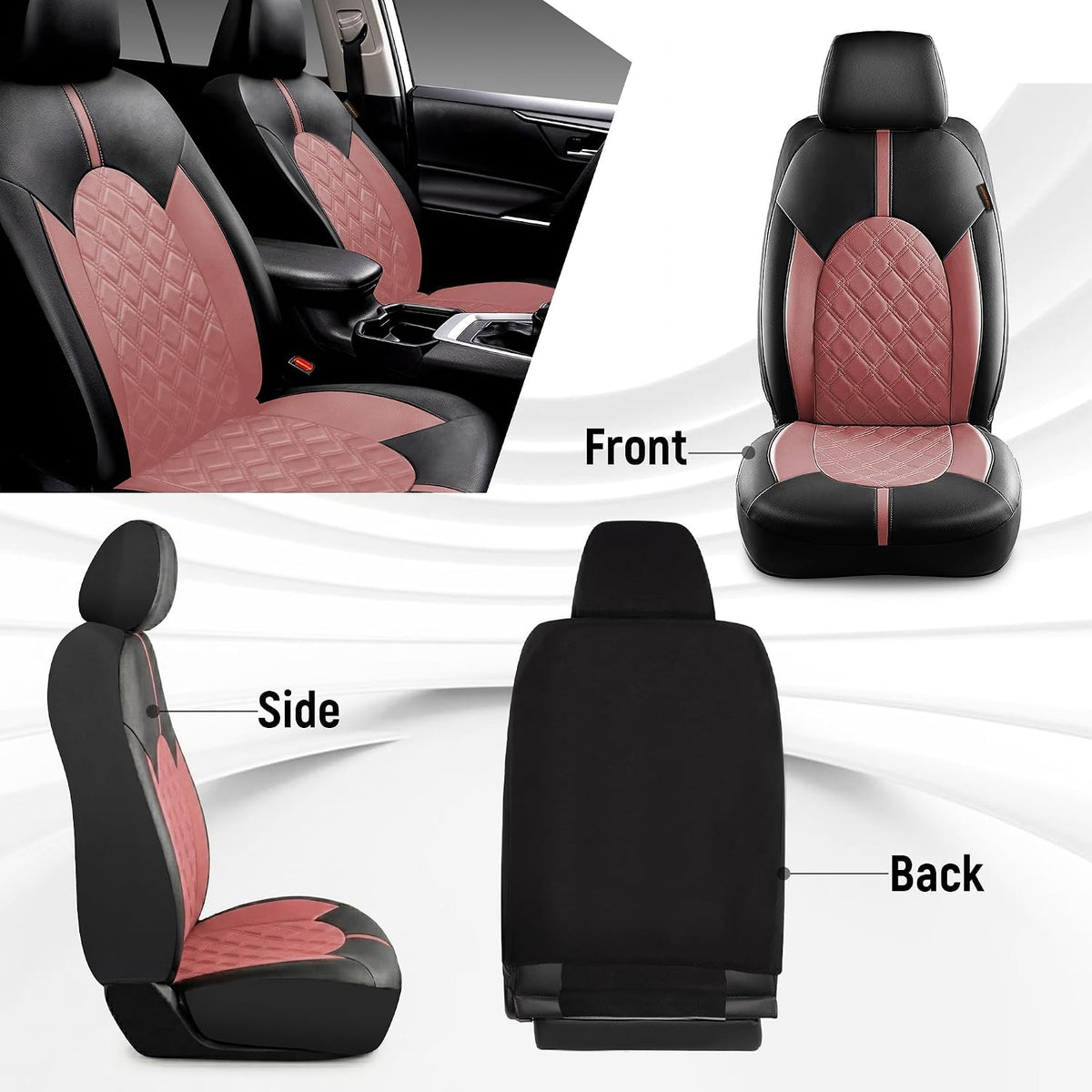 CAROMOP Luxury PU Leather Car Seat Covers Front Set, Anti-Stain Waterproof Automotive Seat Covers for Cars, Universal Car Interior Covers Seat Protectors for SUVs Pick-up Trucks(Dusty Rose)