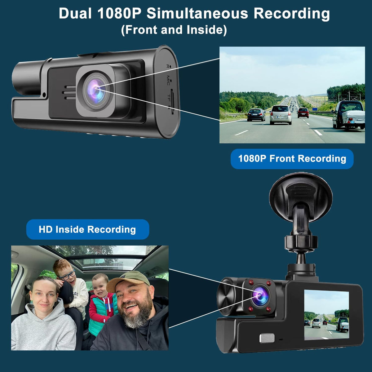 1080P Dual Dash Camera for Car Front and Inside Dashcam Car Security Video Recorder,170°Wide Angle Vehicle Cam,WDR,G-Sensor,Loop Recording,Night Vision (Dual Dash Cam Without Card)