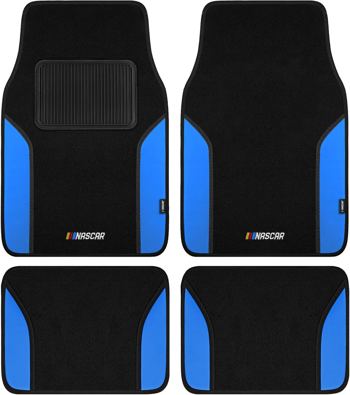 NASCAR Car Floor Mats, Carpet & Blue Leather Design Car Mats, Universal-Fit All-Weather Car Floor Mats with Built-in Heel Pad & Anti-Slip Backing, Durable Odorless Automotive Interior Accessories