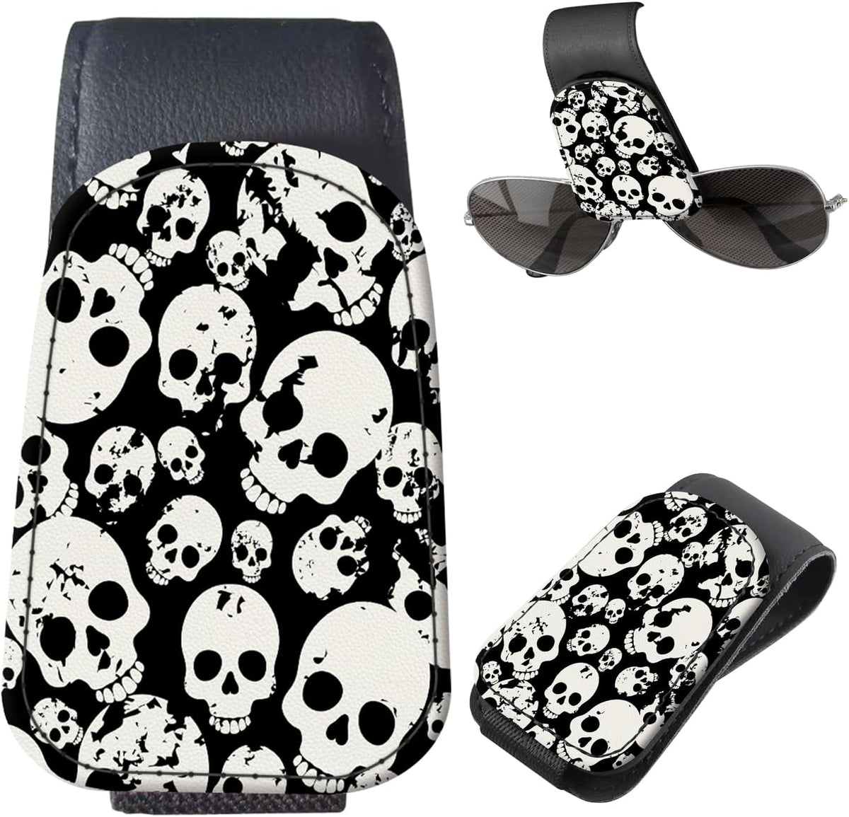 Sunglasses Holder for Car Visor, PU Leather Glasses Clip Organizer, Cute Magnetic Eyeglass Holder for Vehicle Sun Visor, Car Interior Accessory for Women & Men Black Sparkle Leopard