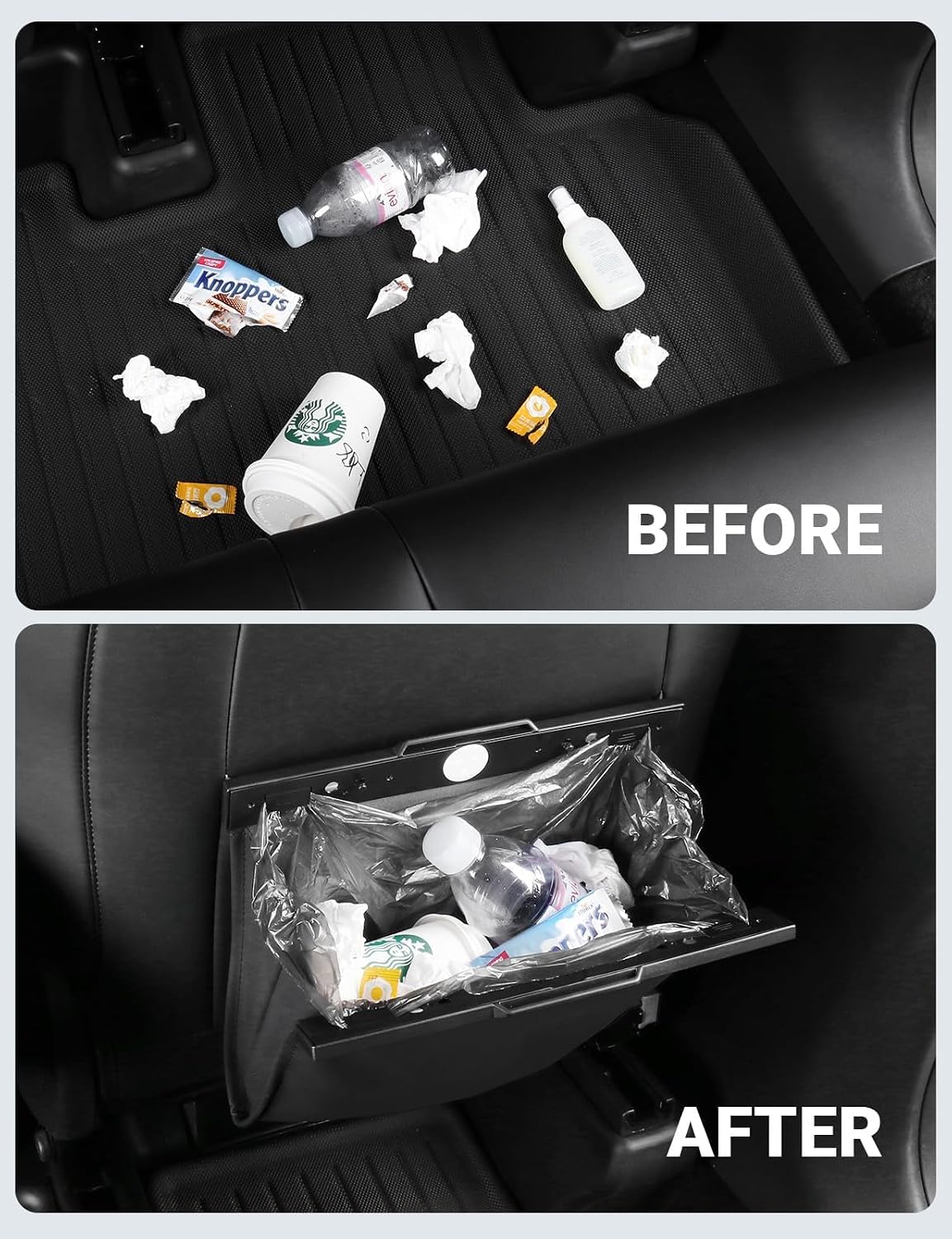 BASENOR 2026 Upgraded Tesla Model Y/3/S/X Cybertruck Trash Can, [Strong Magnetic] [Waterproof] LED Light Garbage Bin Leather Garbage Can, Seat Back Hanging Interior Accessories 2017-2026