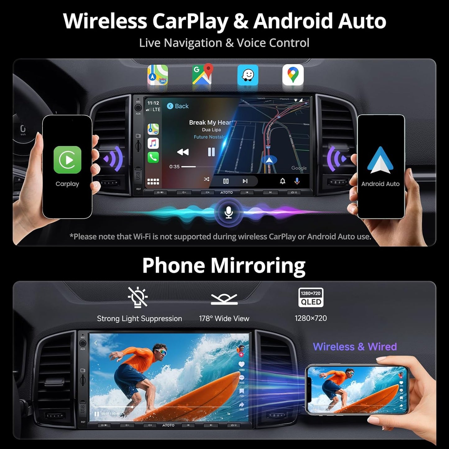 ATOTO A5L 7 inch Android Double DIN Car Stereo, Wireless CarPlay & Android Auto, Wi-Fi/USB/BT, QLED Touchscreen Car CarPlay, Backup Camera,MirrorLink, 24B-EQ DSP, SWC,FM/AM/SS Radio, AI&GPS Track