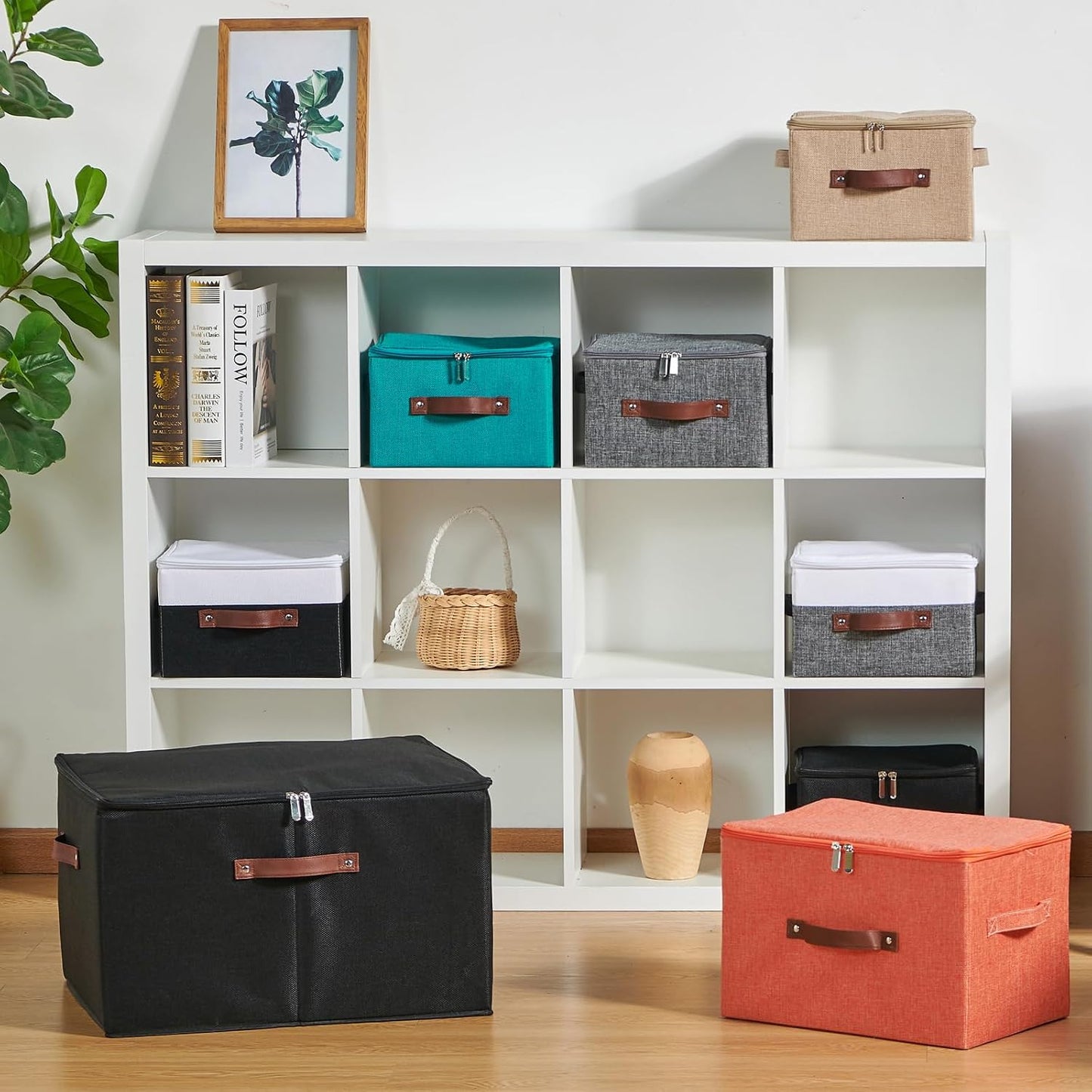 Storage Bins with Zipper Lid Cotton Linen Fabric Lidded Storage Baskets Boxes Foldable Washable Closet Shelf Clothes Organizer Container with PU Leather Handles (Teal Blue, Large)