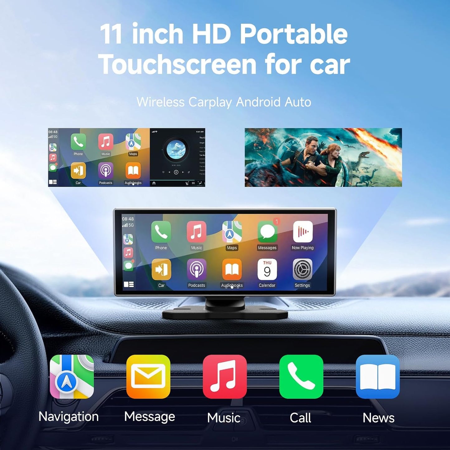 11.26 Inch HD Touchscreen Car Display, Wireless CarPlay/Android Auto Screen for Car, Navigation System with 4K Dash Cam, Backup Camera, 64GB Memory, Voice Control