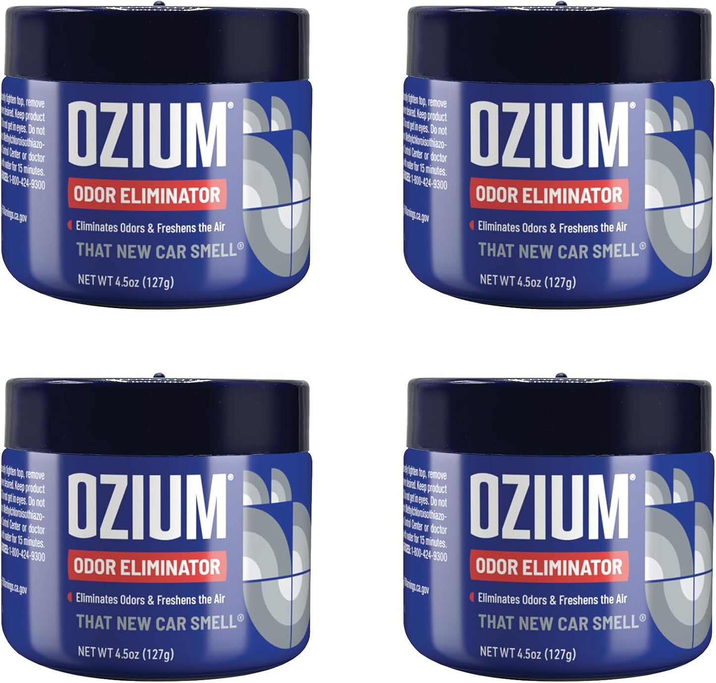 Ozium Odor Eliminating Gel - 4.5oz Air Freshener Alternative for Smoke, Pets, and Musty Odors - Long Lasting Odor Remover for Cars, Homes, Closets and Small Spaces - New Car (Pack of 4)