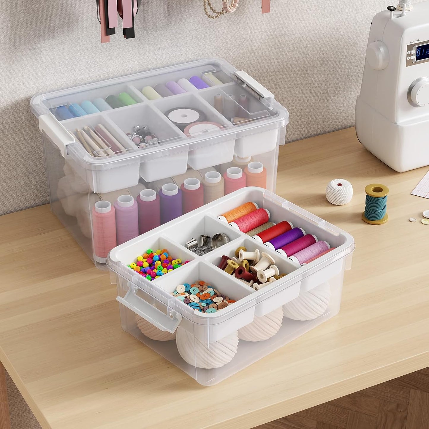 40Qt Stackable Storage Bins with Lids & Trays, Clear Plastic Latching Boxes Organizers with Dividers Portable 10Gal Containers for Arts & Crafts, Home and Car Trunk Organization, 2Pack
