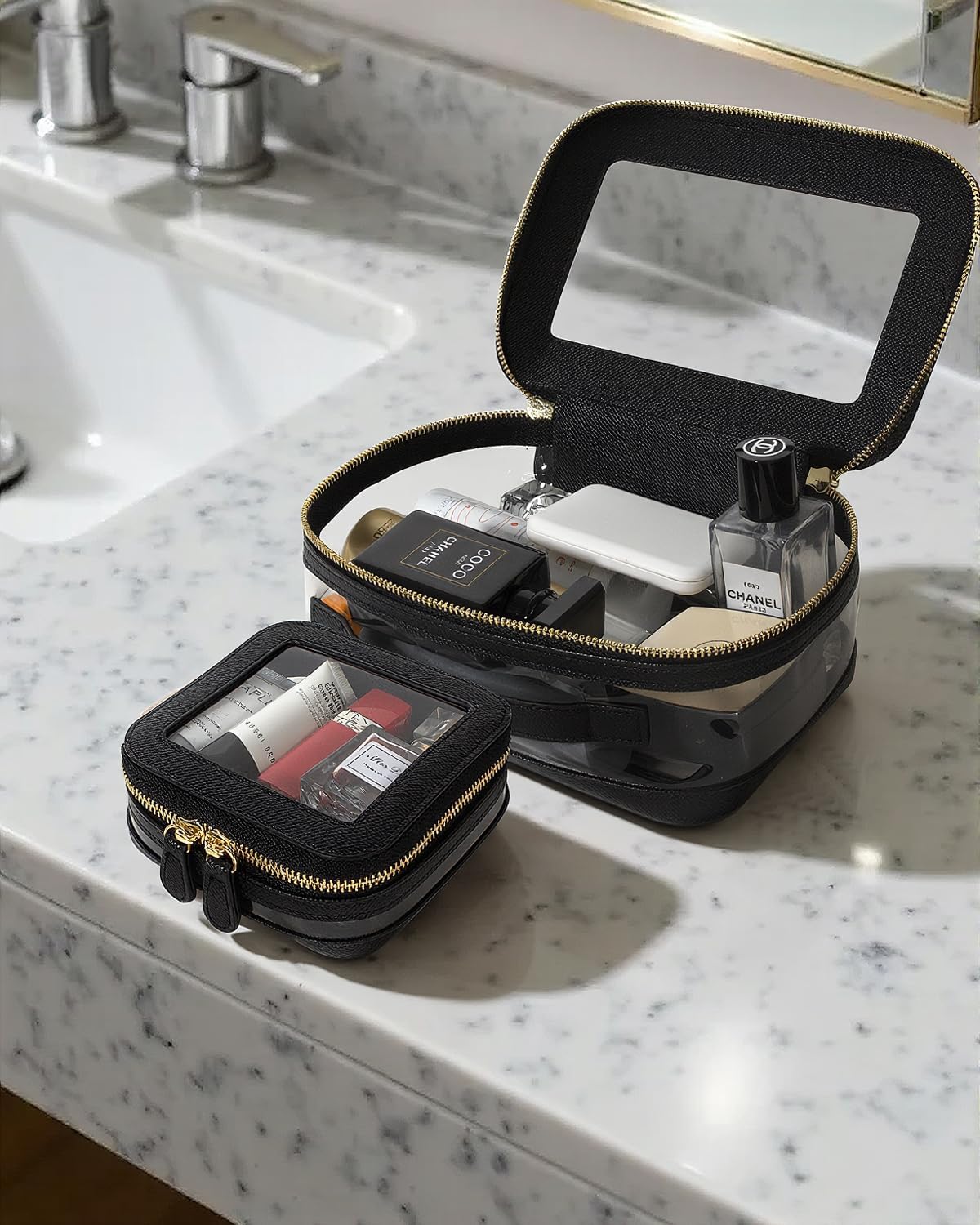 Clear Makeup Bag Set, Small Portable Clear Makeup Bag Cute Waterproof Travel Cosmetic Bag Makeup Pouch TSA Approved Toiletry Bag Women Traveling Car Organizer Car Essentials