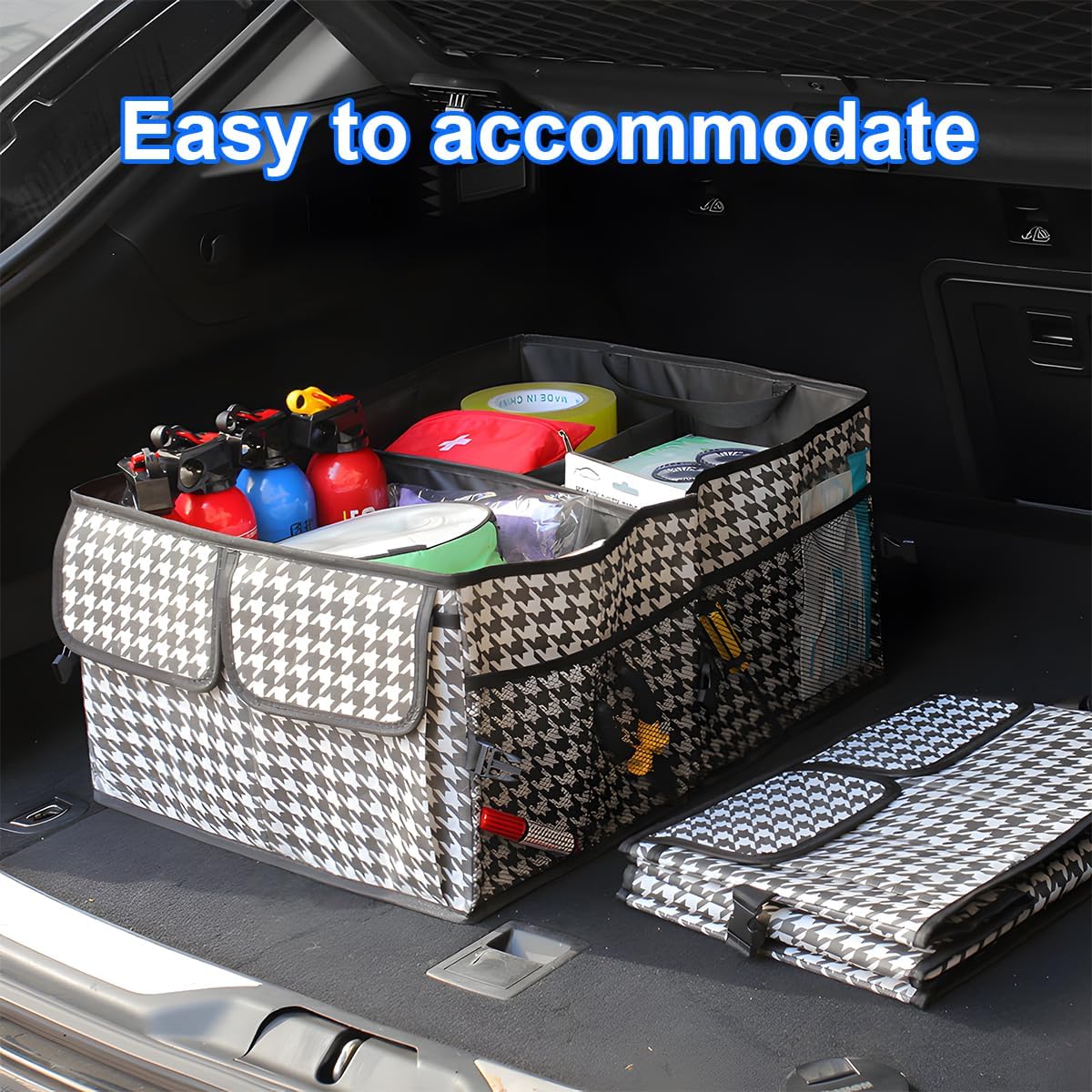 Mandark Car Trunk Organizer, Collapsible Multi Compartment Vehicle Storage Box, Waterproof Adjustable Automotive Organization Container Accessories, Universal for SUV, Sedan, Truck (Checkerboard)