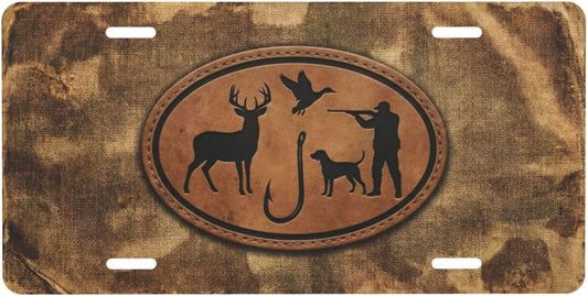 Hunting Camo Deer Duck Dog Aluminum License Plate 6x12 | Hunting Camo Decor, Standard 6x12 In, UV Printed Aluminum, 4 Pre-drilled Holes, Outdoor Front Plate, Not for DMV Use.
