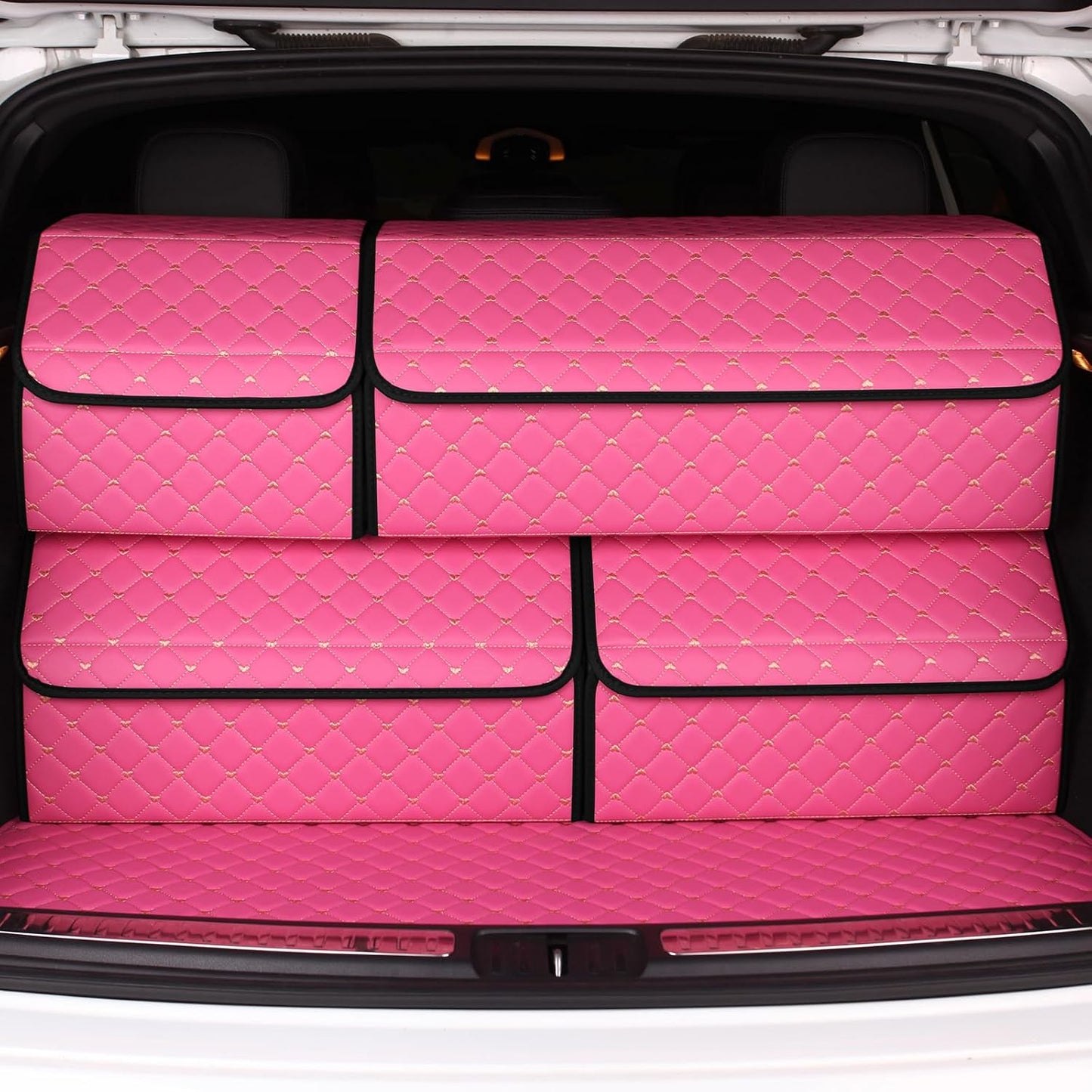 car organizers and storage for SUV,trunk organizer for sedan, leather foldable sleek box with lid,collapsible cargo bins, tool accessories containers,Pink women (21.65 inch)