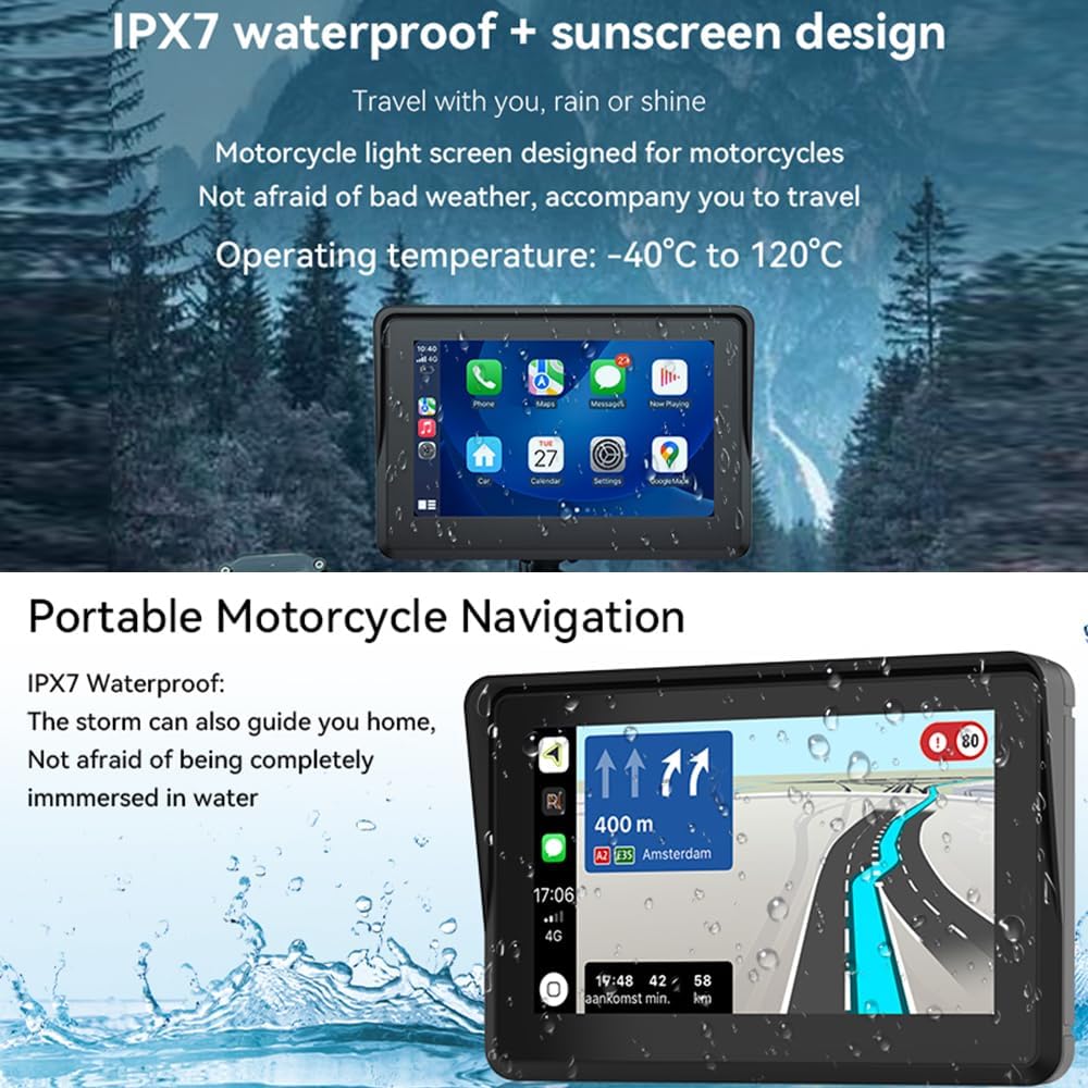 12V-24V 5-inch Waterproof Motorcycle GPS Navigation System with Wireless CarPlay/Android Auto/HiCar Wi-Fi Bluetooth FM Linux Operating System