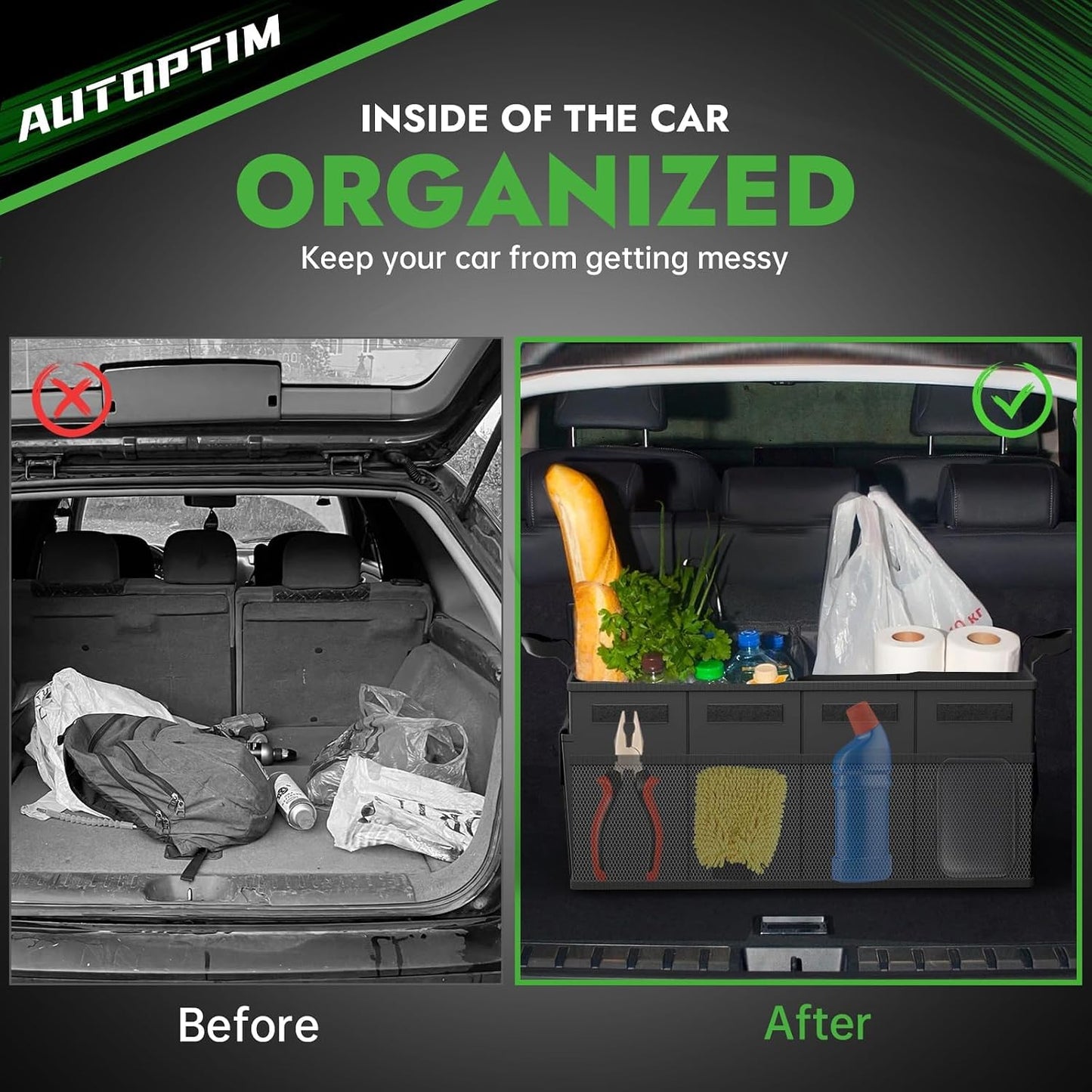 AUTOPTIM Car Trunk Organizer - Collapsible Car Organizer with Non Slip Bottom & Multiple Pockets for Groceries, Trunk Storage with Base Panel for SUV Sedan Van, 2 Compartments (Black, Medium)