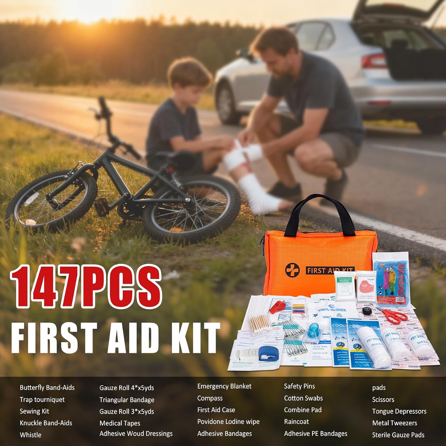 Car Roadside Emergency Kit, Jump Starter with Air Compressor, First Aid Kit, Tow Rope, Roadside Safety Emergency Tool Kit for Women, Men, Teen (Orange)