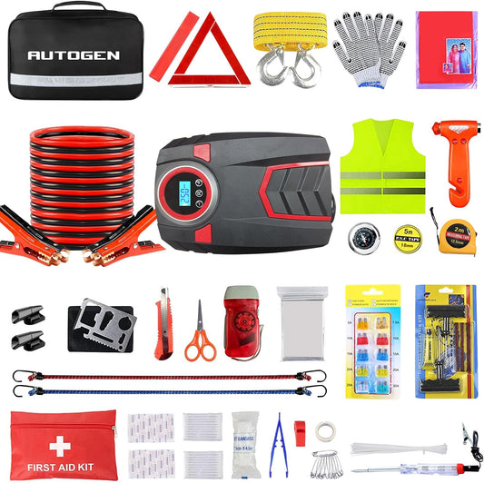 Car Emergency Kit, Car Emergency Kits for Vehicles with 6 Gauge 16 Ft Jumper Cables, Roadside Emergency Car Kit with Air Compressor, 88 Pieces Winter First Aid Kit Emergency Safety Tool