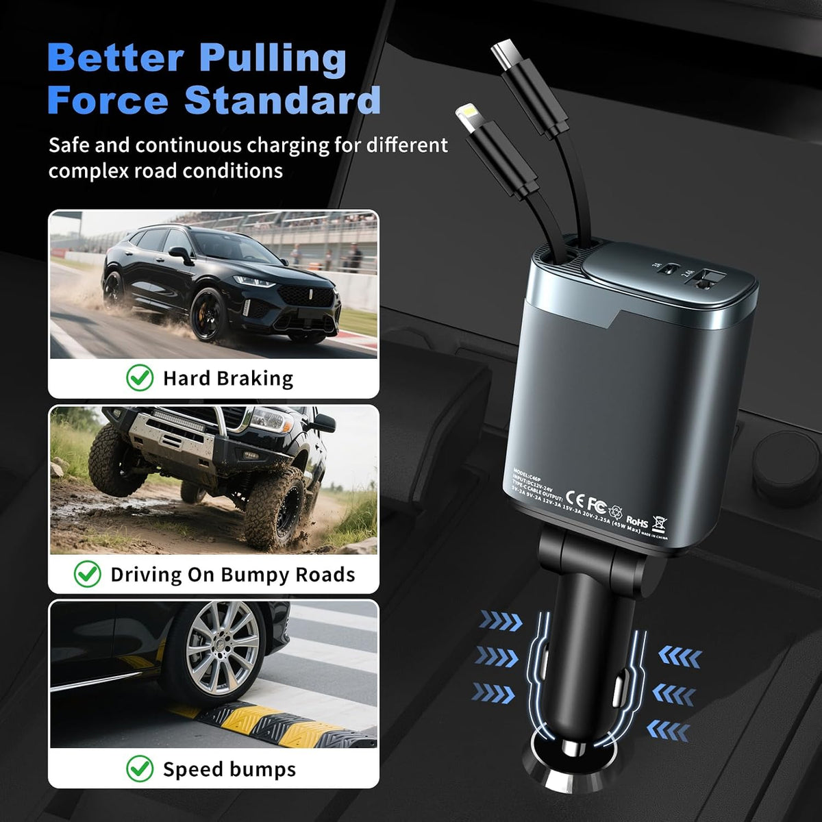 84W Retractable Car Charger, 4-in-1 Car Charger USB C Fast Charge Adapter
