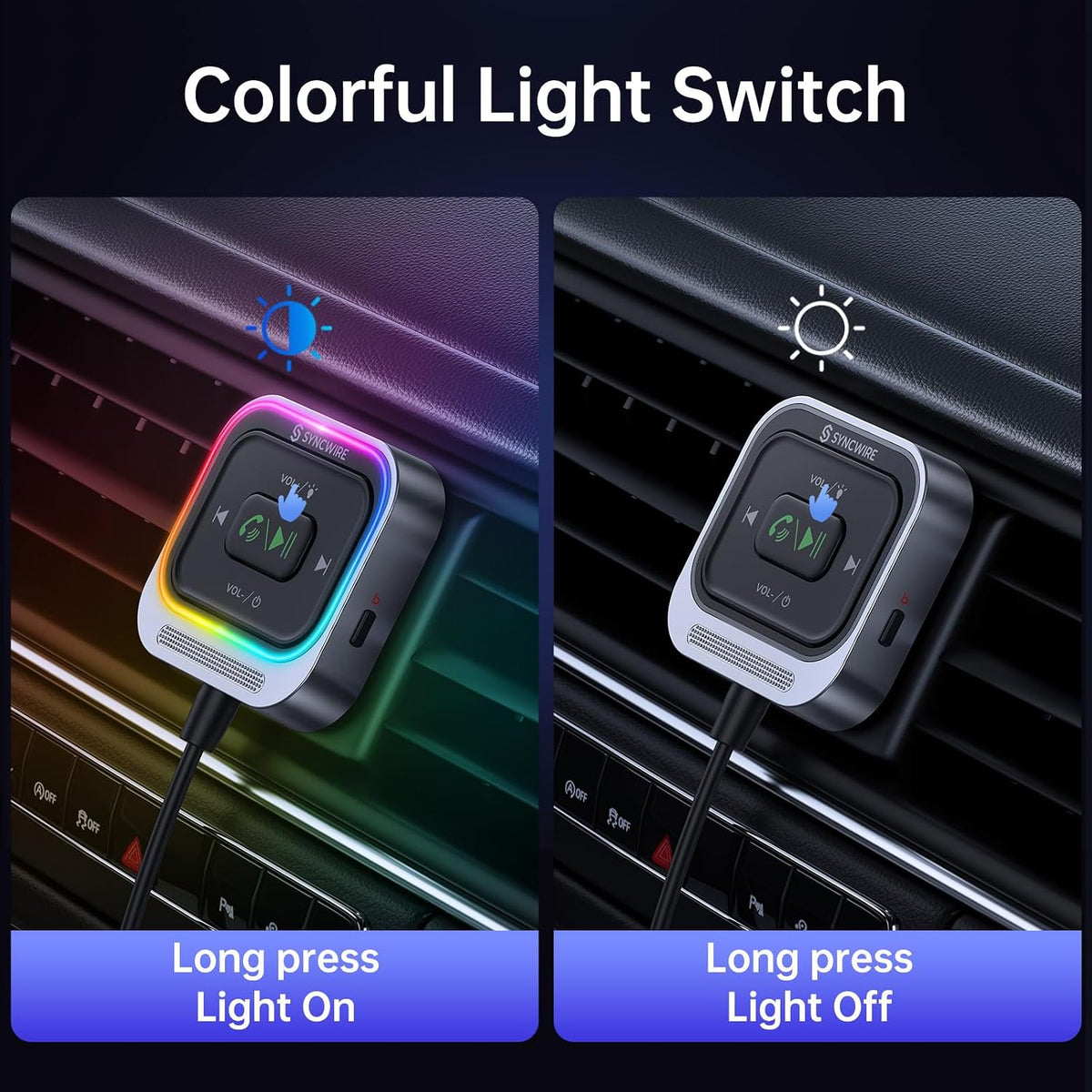 Syncwire Bluetooth 5.4 Receiver 3.5mm Aux Car Adapter Bluetooth Receiver Car Kit with Coiled Cable [Large Mic Noise Cancellation] [Hands-Free Calling] [HiFi Deep Bass] [Colorful Light Switch]