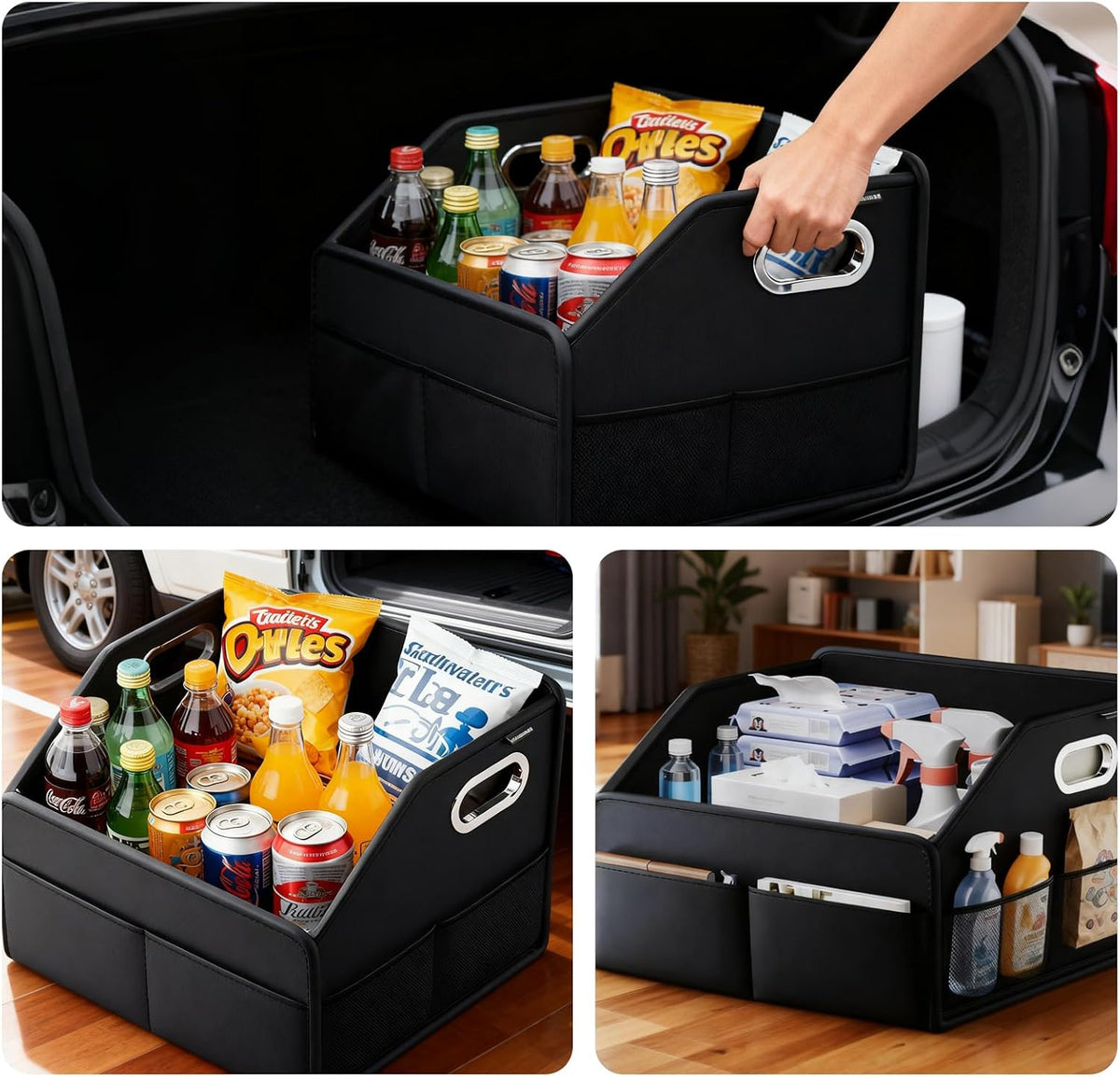 Leather Car Organizer Front Seat Organizer with Metal Handles, Dividable Black Car Caddy Organizer for Passenger Seat Organizer