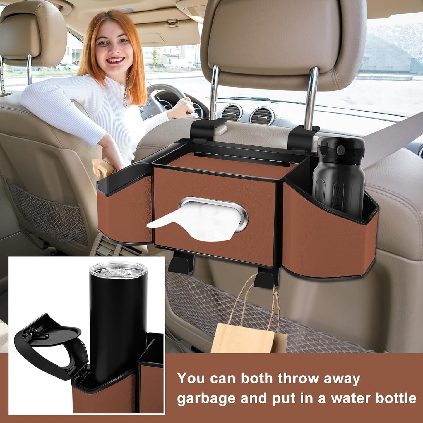 7-In-1 Car Seat Back Organizer with Cup Holders, Tissue Box, Garbage Can&Hooks, Multifunctional Headrest Storage Organizer, Headrest Cup Holder for Backseat, Car Accessories for Trips, Travels(Brown)