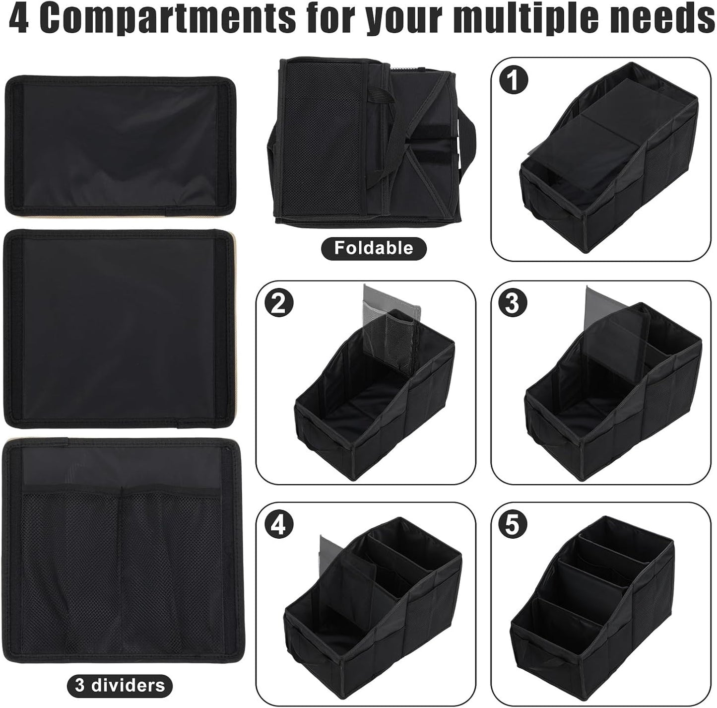 Honeydak Passenger Seat Organizer, Collapsible Car Storage for Console Front/back Seat with Multi-pockets Car Caddy Organizer Suv Truck for Kids Adults Accessories(Black,4 Compartments)