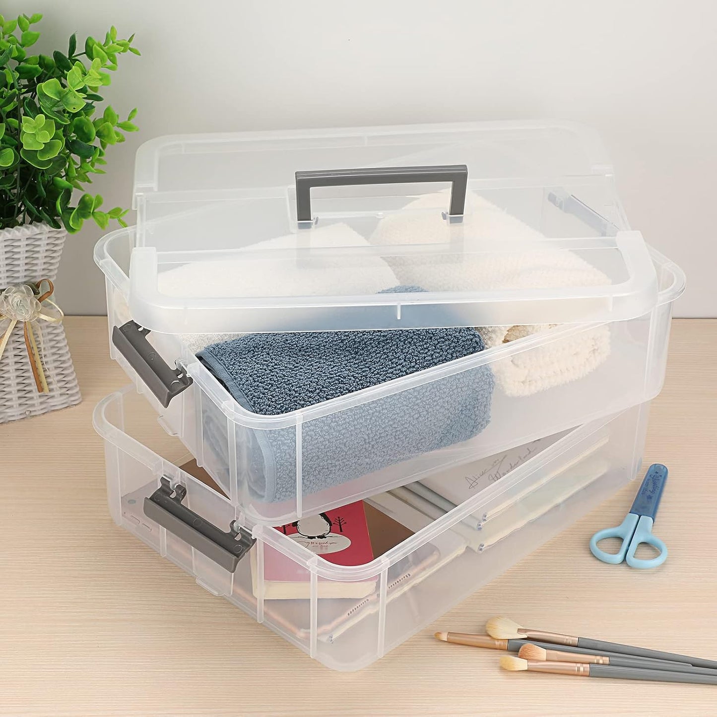 BTSKY 2 Layer Stack & Carry Box, Plastic Multipurpose Portable Storage Container Box Handled Organizer Storage Box for Organizing Stationery, Sewing, Art Craft, Jewelry and Beauty Supplies Dark Grey
