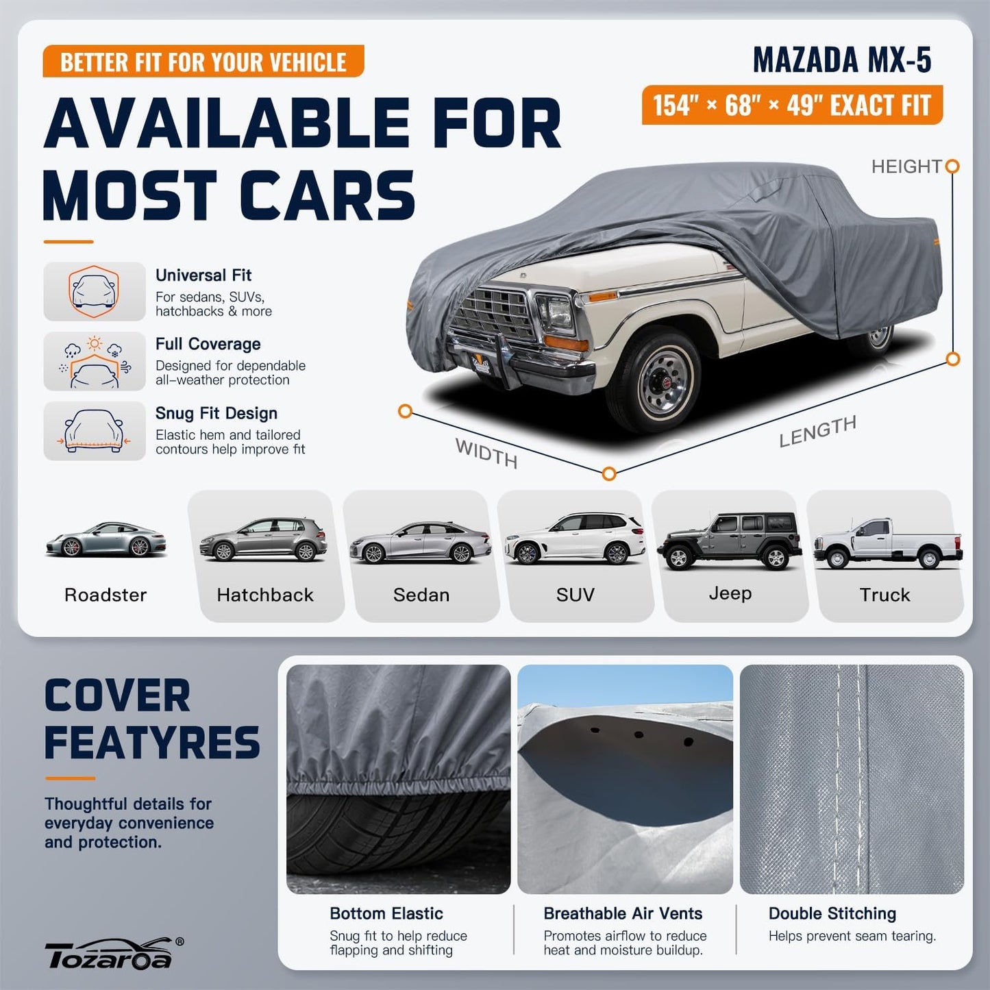 Truck Cover Waterproof All-Weather,Outdoor Full Exterior Pickup Covers Custom Fit for Nissan Frontier,Ford F150,Chevy C10,GMC Canyon Sierra 1500,Colorado,Ram 1500 etc Size T1(See SizeChart)