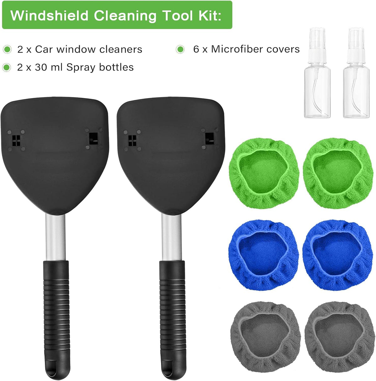 Tallew 2 Packs Windshield Cleaner Tool Microfiber Car Window Cleaner Auto Window Cleaning with Detachable Handle, 6 Reusable Microfiber Pads and 2 Spray Bottles for Car Cleanser Brush Cleaning Kit