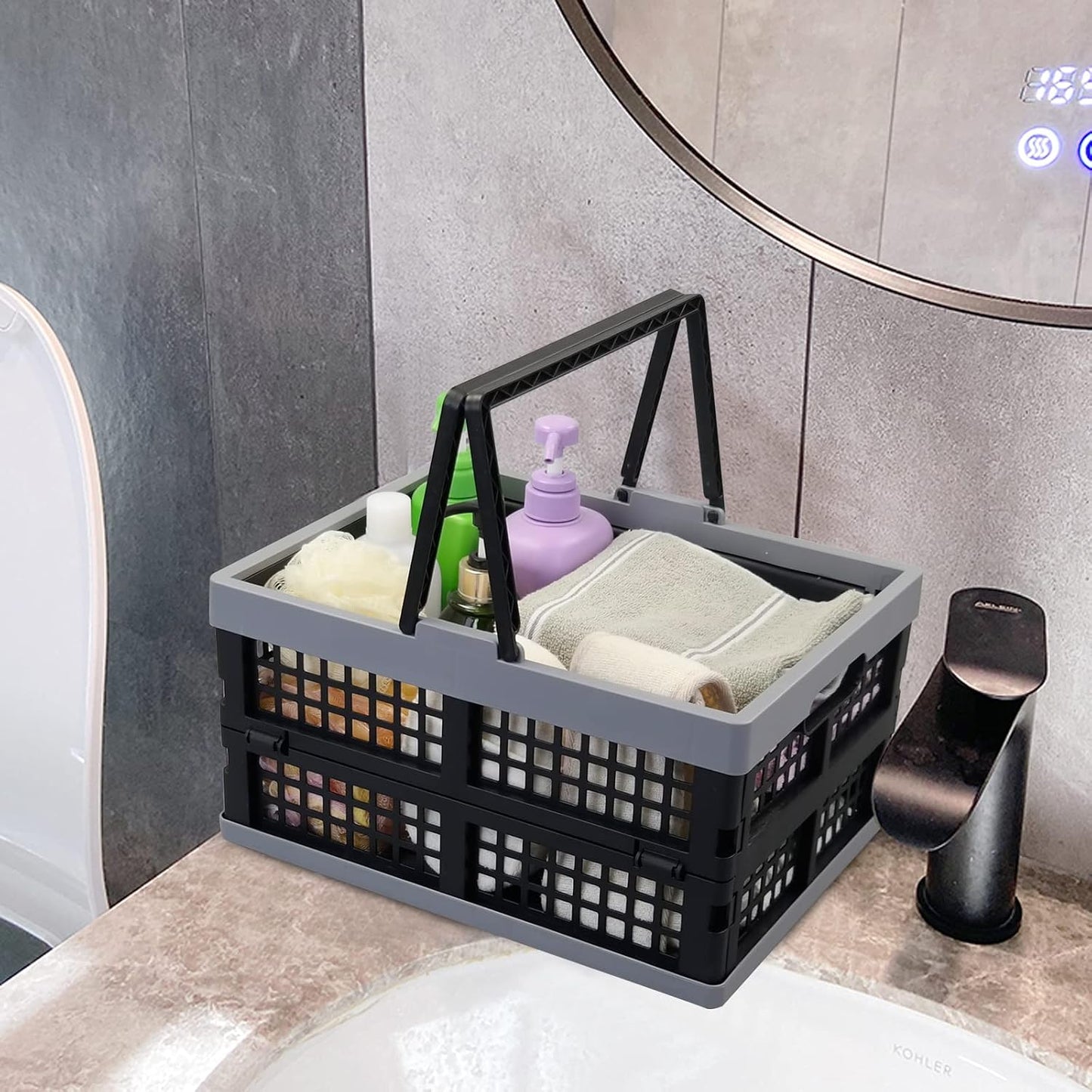 2-Pack 15 L Plastic Collapsible Shopping Basket with Handle | Folding Storage Crates, Collapsible Design, Portable Carry Handle, Stackable Structure, for Shopping, Pantry & Garage