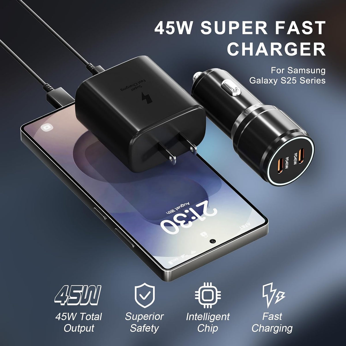 Samsung 45W USB-C Charger, 45W PPS Super Fast USB-C Wall/Car Charger
