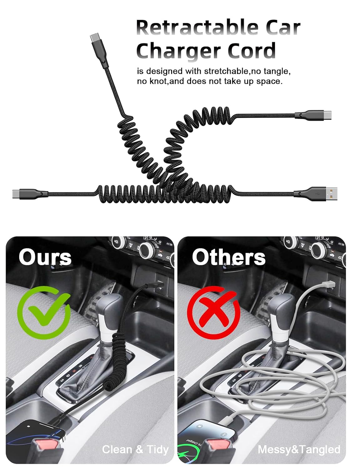 Quickeep Car Carplay Cable 2Pack 3ft Coiled USB A to USB C Fast Charge Cord