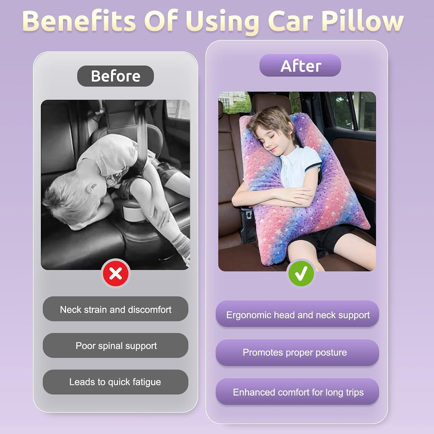 Car Pillow for Kids Travel Pillow with Adjustable Strap, Kids Floor Pillows Cushions for Adults and Children to Support Head and Body Road Trip Essentials(Multicolor)