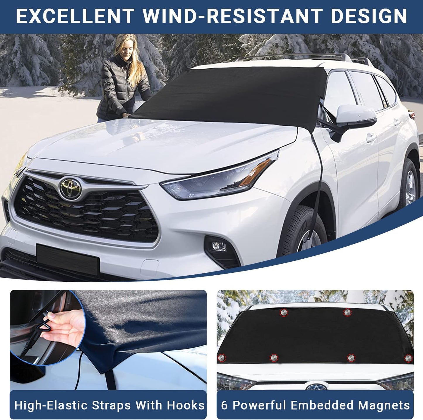 Windshield Cover for Ice and Snow, Car Windshield Snow Cover, Thicken Windshield Frost Cover Waterproof Windshield Snow Ice Cover with Side Mirrors Cover for Most SUVs Trucks (74"x 47")