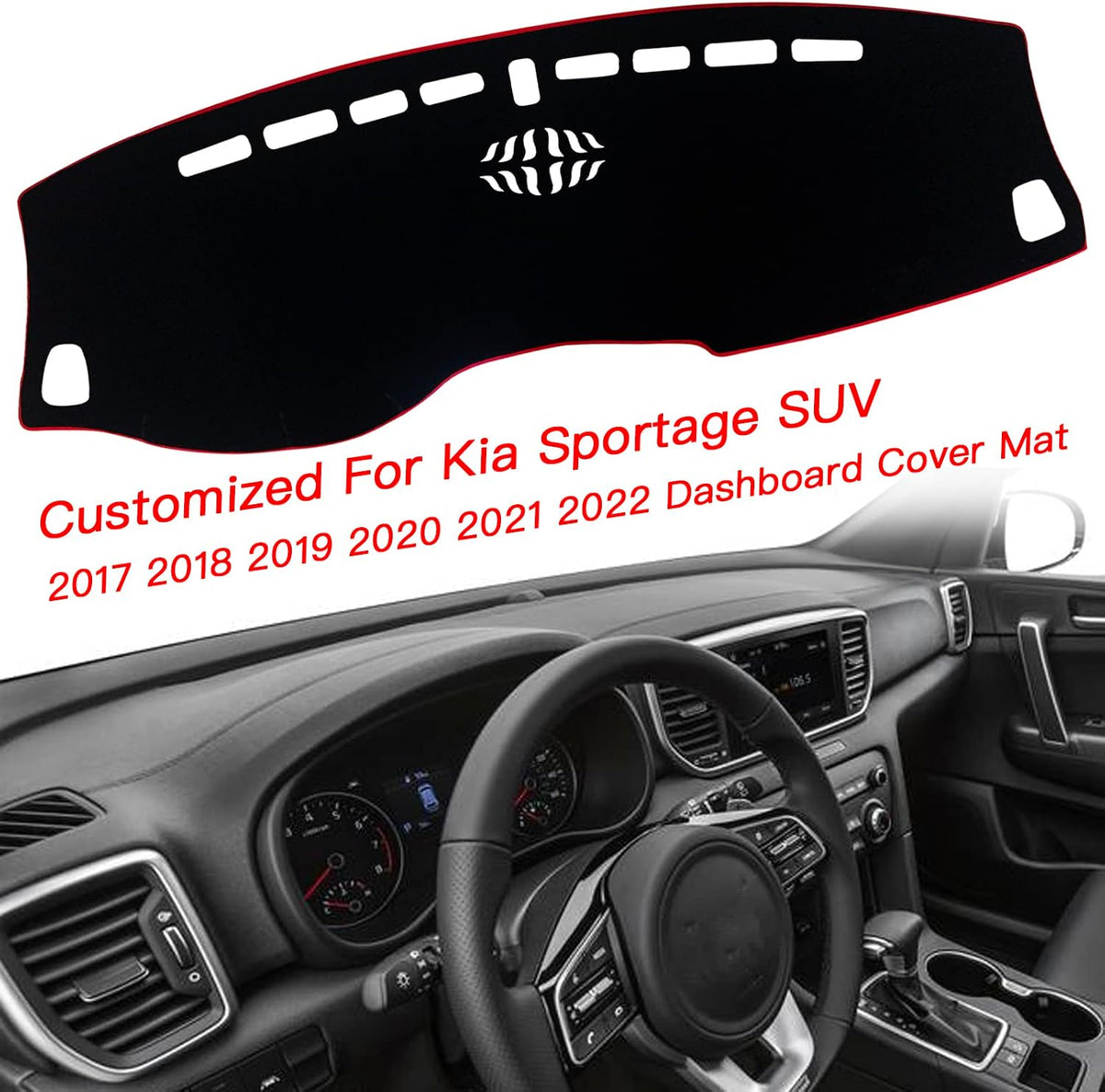 Dash Mat Cover Custom Interior Center Console Compatible with Kia Sportage SUV 2017 2018 2019 2020 2021 2022 Dashboard mat Covers Accessories (Red Trim)