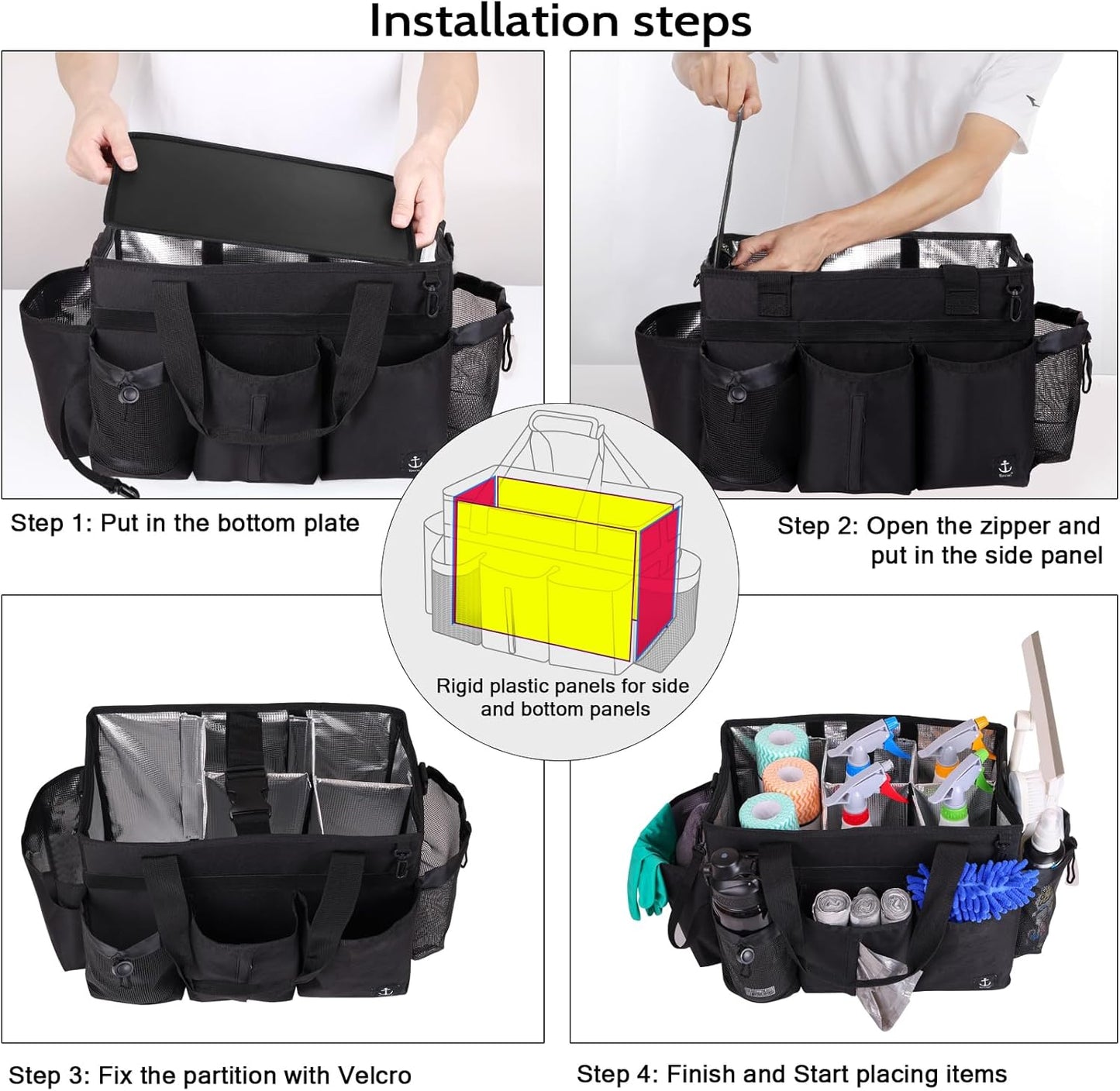 Large Wearable Cleaning Caddy Bag with Detachable Divider, Cleaning Organizer with Handles, Cleaning Supply Tote with Adjustable Shoulder Strap&Waist Belt for Cleaners & Housekeeper (Black)