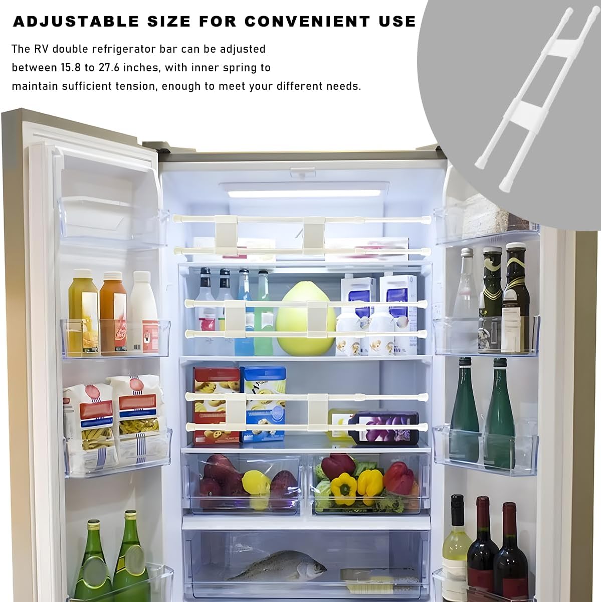 Yourkar 4 PCS Double RV Refrigerator Bar, 15.8-27.6 Inches Metal Non-Slip Adjustable RV Fridge Tension Rods, RV Fridge Bars for Holding Food Drinks in Place, Car Accessories