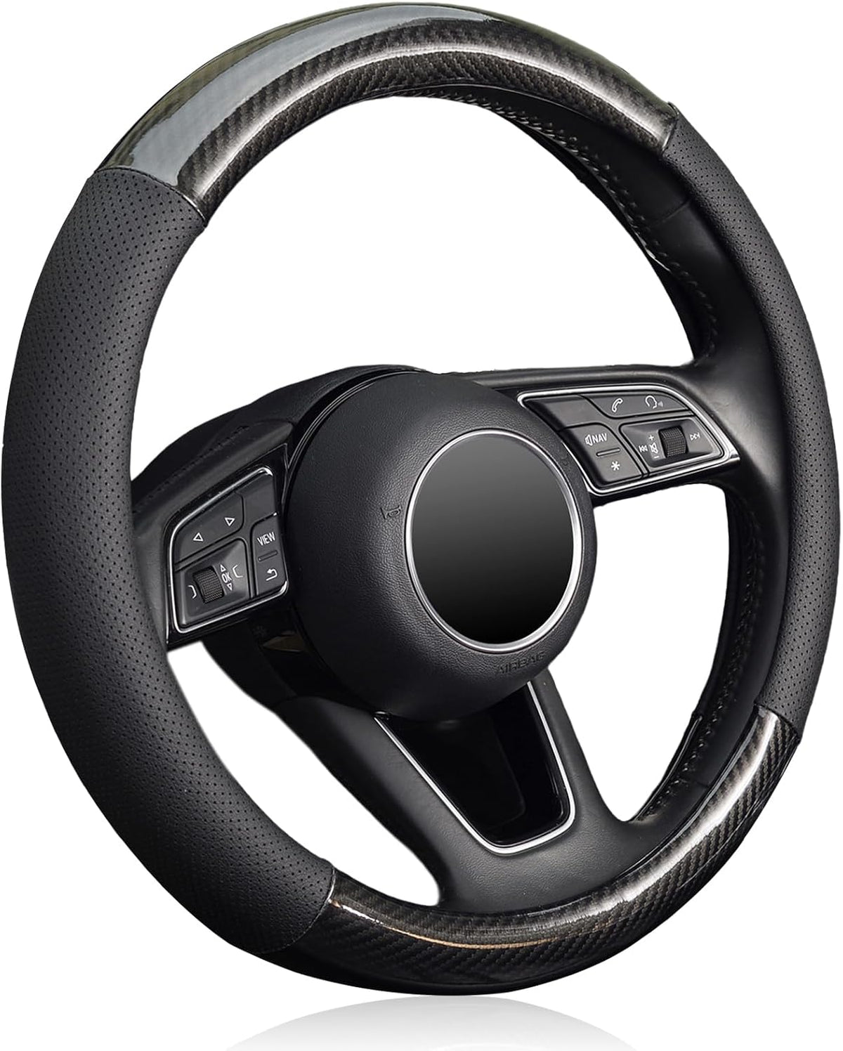 KAFEEK Classic Carbon Fiber Steering Wheel Cover, 15 inch, Black