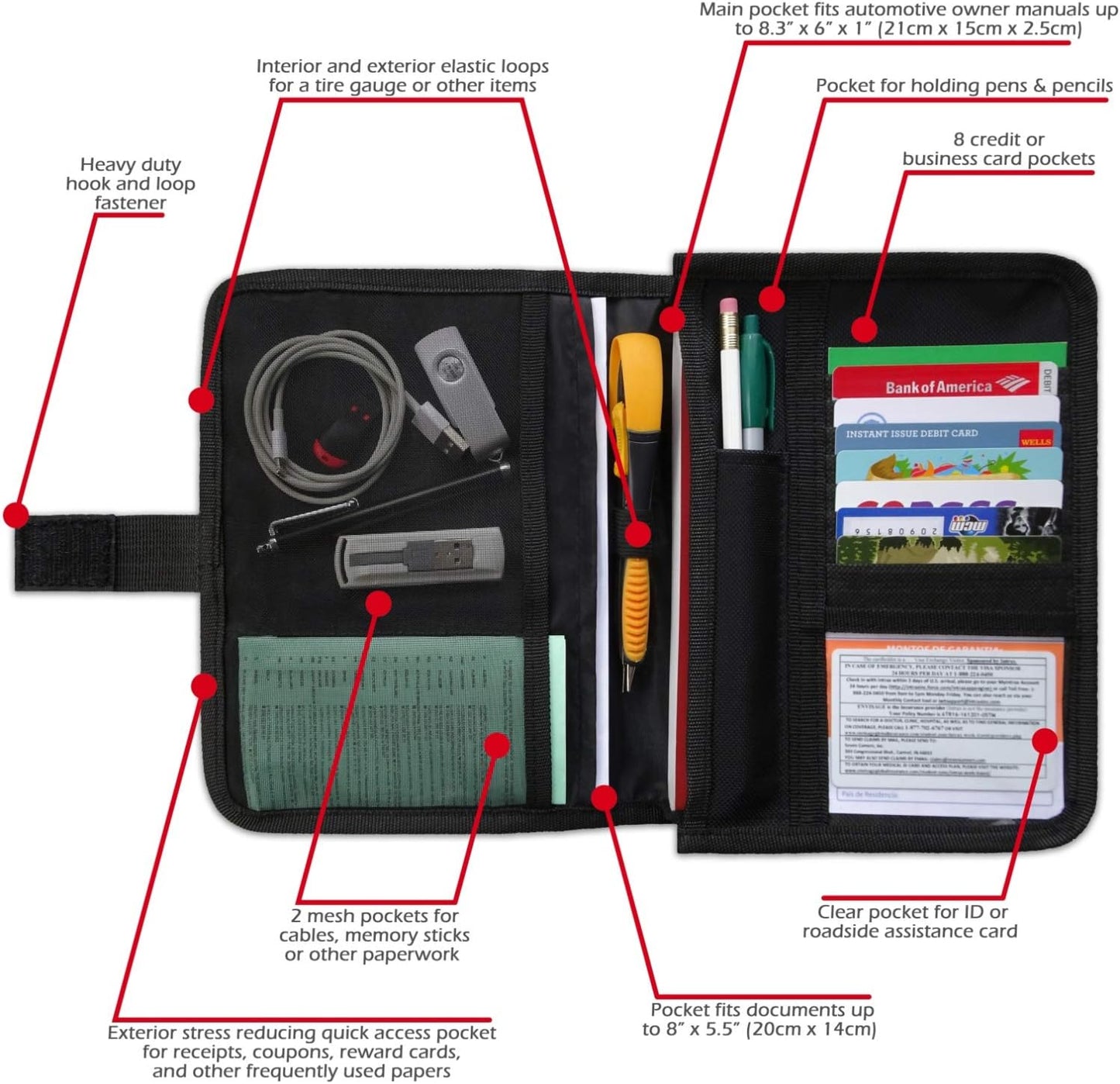 PlusXpres Glove Box Compartment Organizer - Car Document Holder - Black | Owner Manual Case Pouch, Vehicle Storage Wallet for Registration and Insurance Card, Auto Paperwork Holder, Log Book included