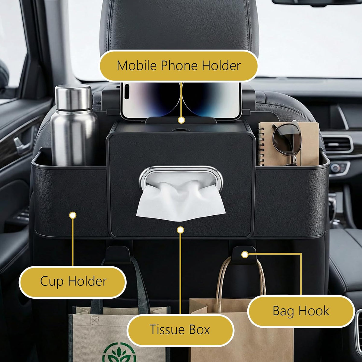 Backseat Car Organizer, 4 in 1 Multifunctional Car Back Seat Storage Organizer with Tissue Box, 2 Cup Holders, Phone Stand and Hooks, Automotive Seat Back Organizers (Brown)